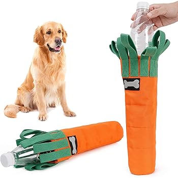 dog chewing plastic bottle