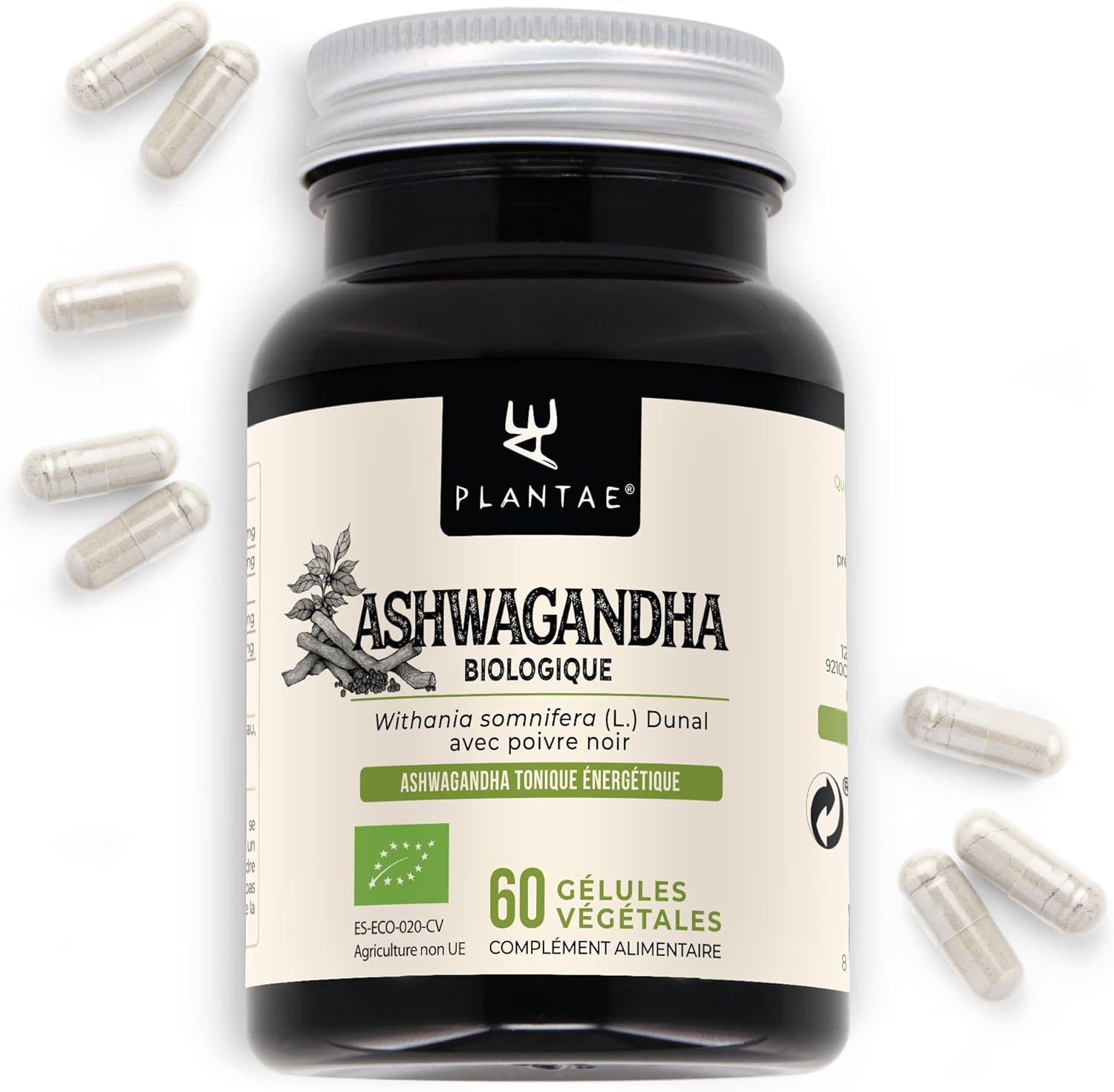 ASHWAGANDHA Organic KSM-66® Plantae Vegetable Capsules 5% Witanolide Content and Black Pepper Adaptogen + Sleep + Anti-Stress + Energy (60 Capsules)