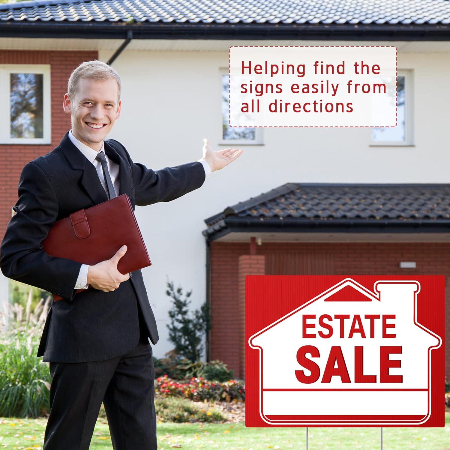 [5 Pack] Estate Sale Signs Set - 16 x 12 Inch Double-Sided Yard Signs With Arrows and Metal H Stakes - Property Sale Directional Signs - Weather-Proof
