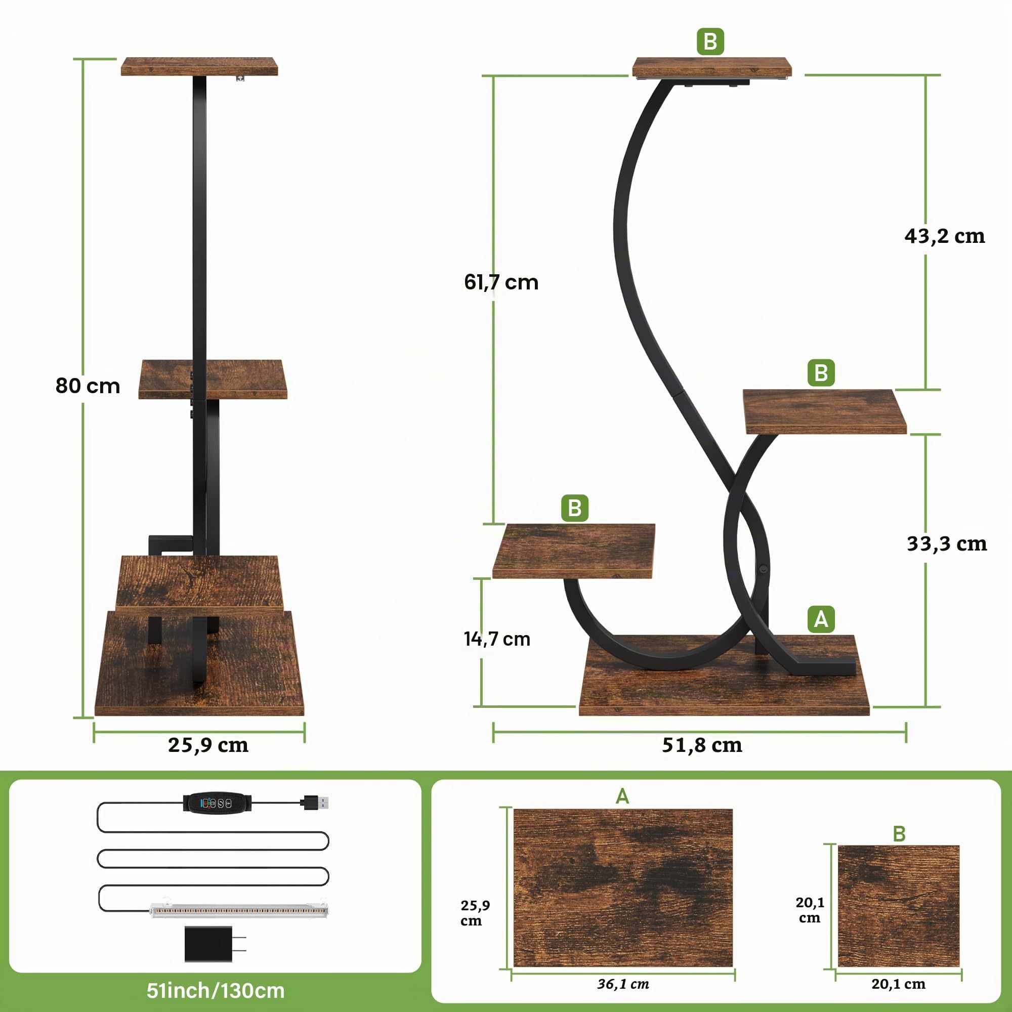 BACEKOLL Pflanzenständer mit Wachstumslicht - 4 Ebenen Blumenständer 81cm Metall Holz Pflanzenregal - Innen & Außen Blumentreppe - Dekoratives Schwarz Blumenregal für Indoor Garten Balkon
