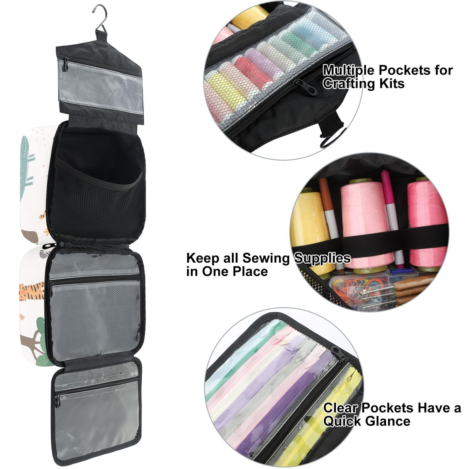 YNNALE Sewing Supply Organizer Bag, Cute Wildlife Animal Portable Sewing Bags with Pockets&Hanger, Sewing Storage Box Case for Sew Supplies/Kit/Tools/Accessories (BAG ONLY)