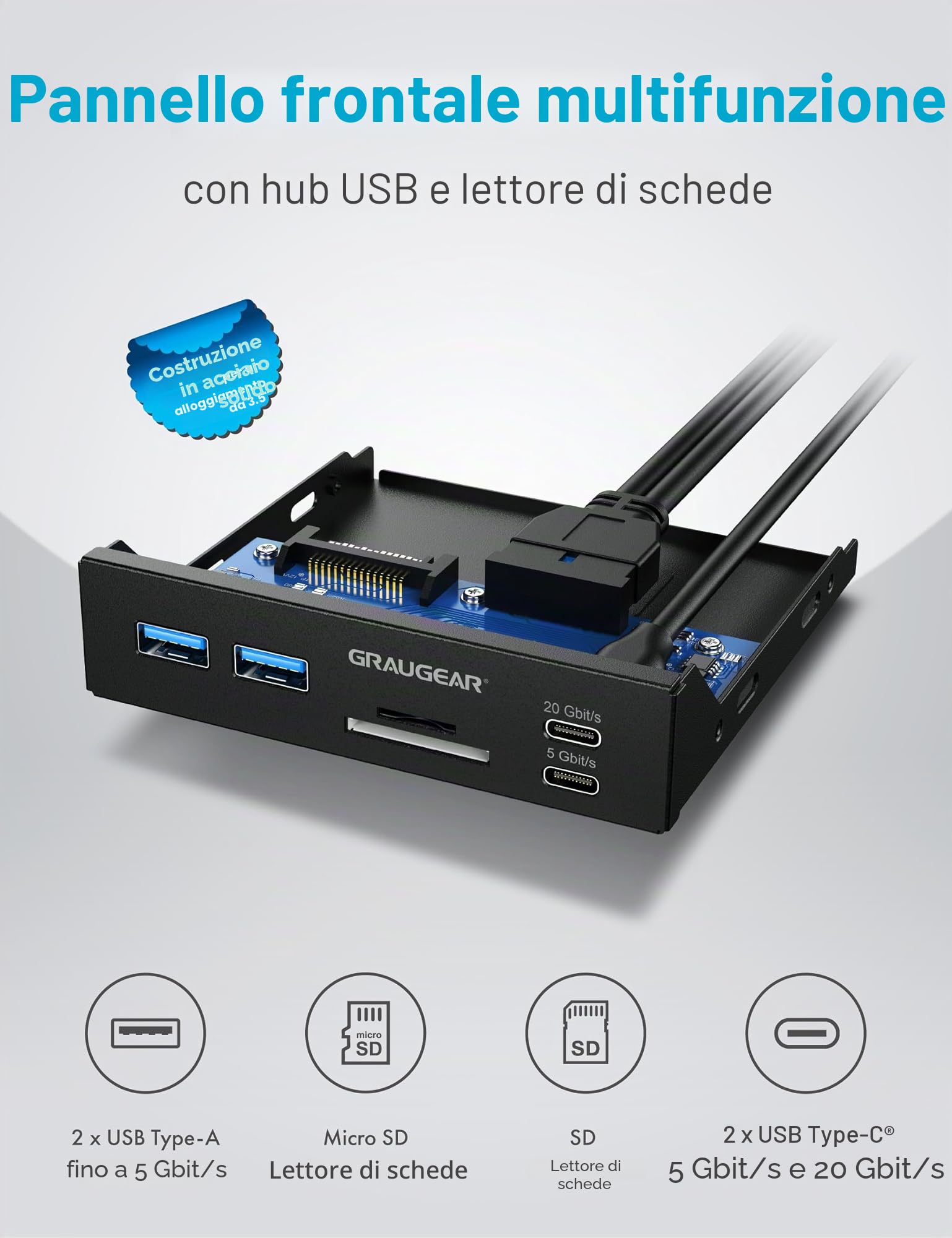 GRAUGEAR | Multi piastra frontale | 2xUSB-C e 2xUSB-A HUB | lettore di schede SD/Micro SD | Typ-C USB 3.2 Gen2 2x2 20/Gbps | 6 interfacce frontali per 3,5 pollici |19-pin e A-Key 20-pin | G-MP01CR