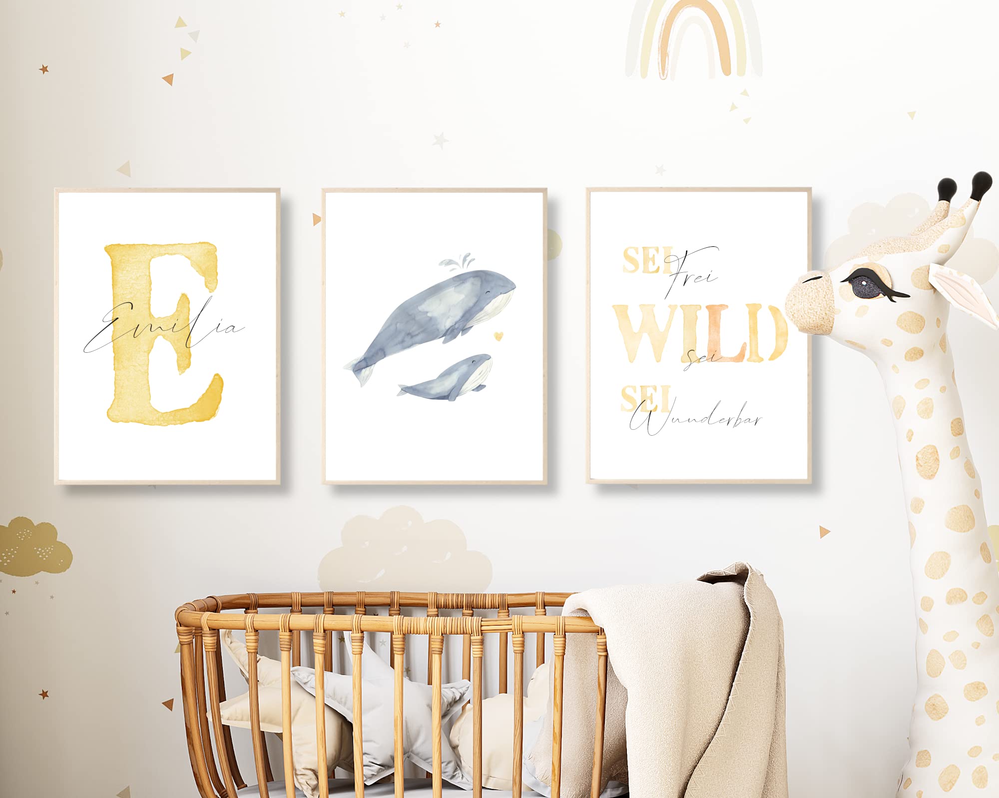 Pandawal Kinderzimmer Bilder mit Spruch und Name Wal 3er Poster- Set für Mädchen und Junge Wandbilder