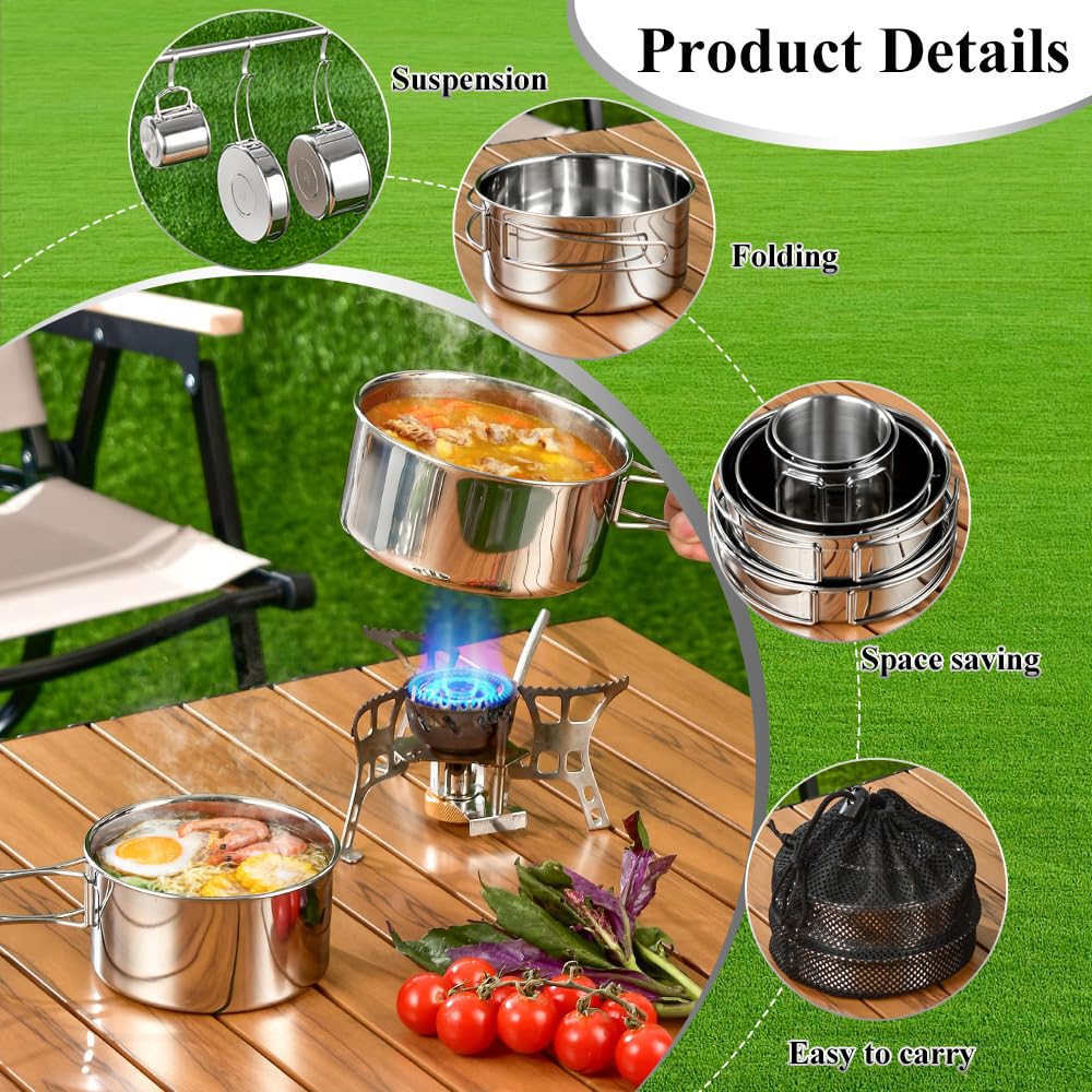 Set di Pentole da Campeggio, Set di Stoviglie da Campeggio, Set di Posate Pieghevoli per Esterni, Per Campeggio, Attività All'aperto, Escursioni, Picnic(Set da 5 pezzi)