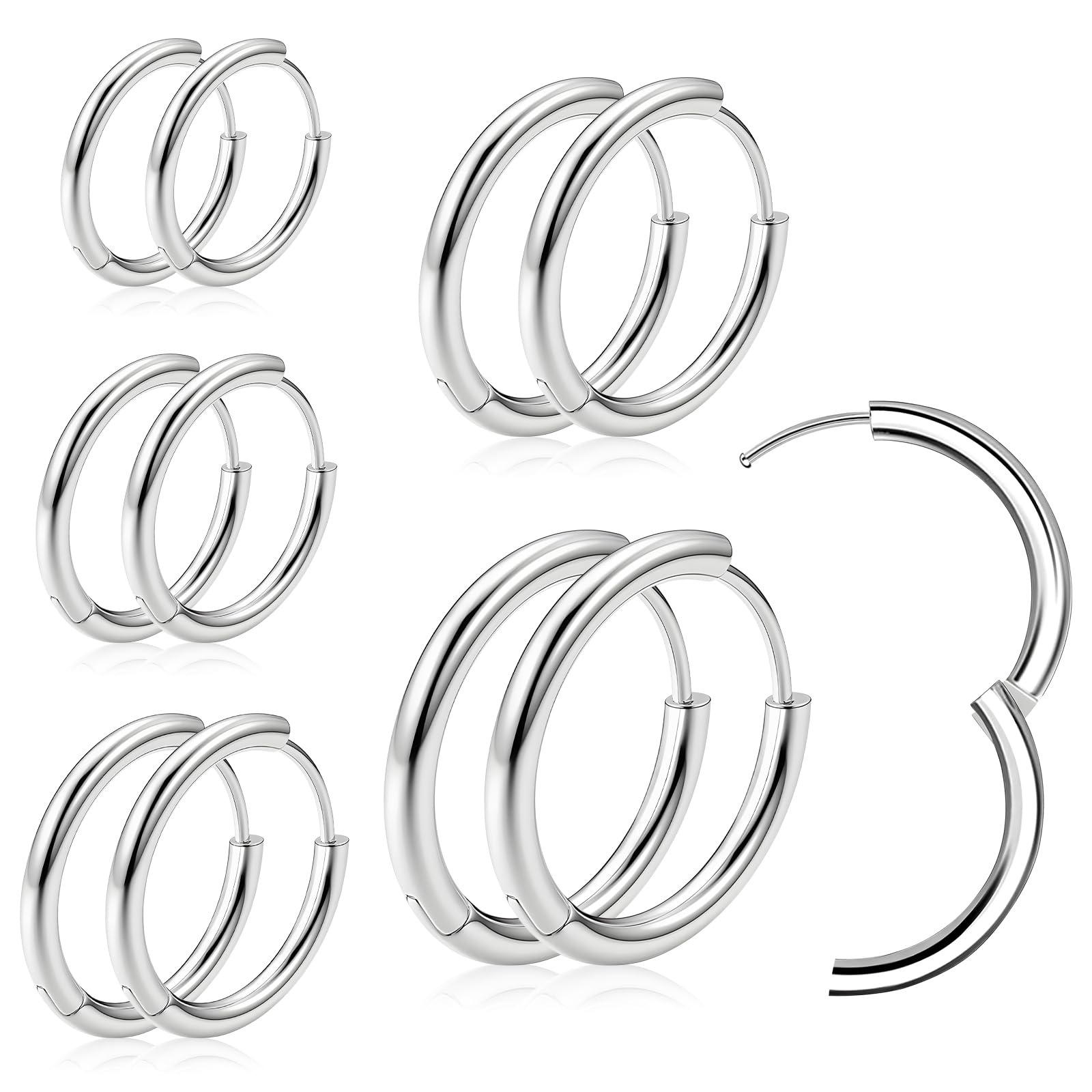 Leikedun 5 pares de pendientes de aro para hombre, pendientes de aro para mujeres, pendientes de acero inoxidable para cartílago, círculo, sin fin, hipoalergénicos 8-16 mm, plata, 8 mm, 10 mm, 12 mm, 14 mm, 16