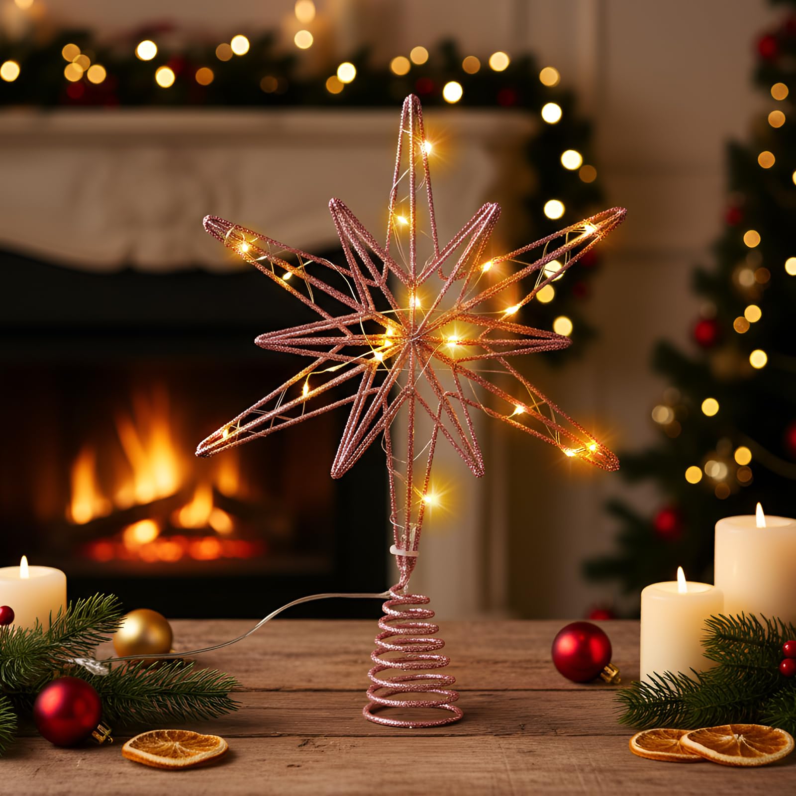 Grande puntale per albero di Natale a forma di stella con 20 luci a LED, 31,8 cm, scintillante, scintillante, decorazione per la casa, le vacanze, le feste (rosa)