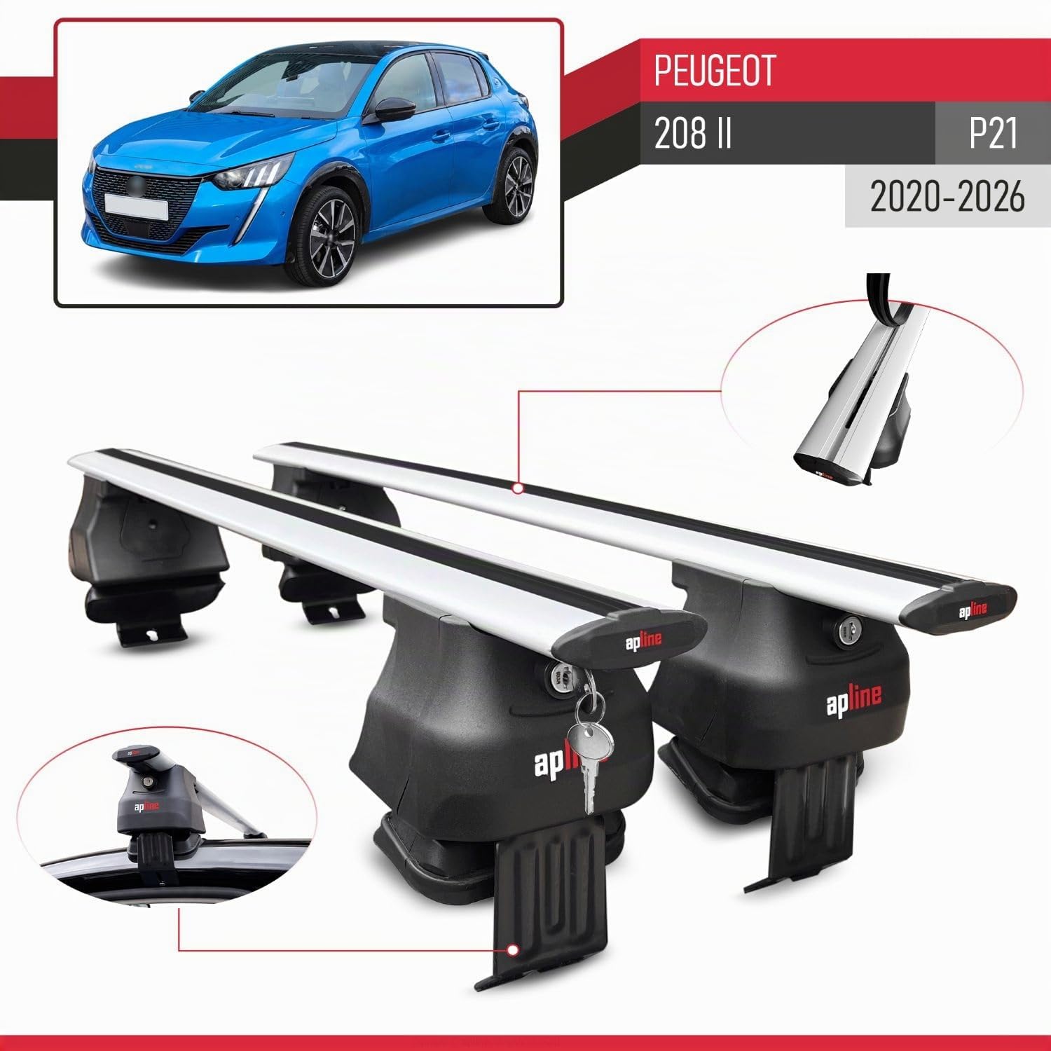 Compatible avec Peugeot 208 II (P21) 2020-2026 ACE-4 Barres de Toit Railing Porte-Bagages de Voiture Gris Aluminium 2 Barres