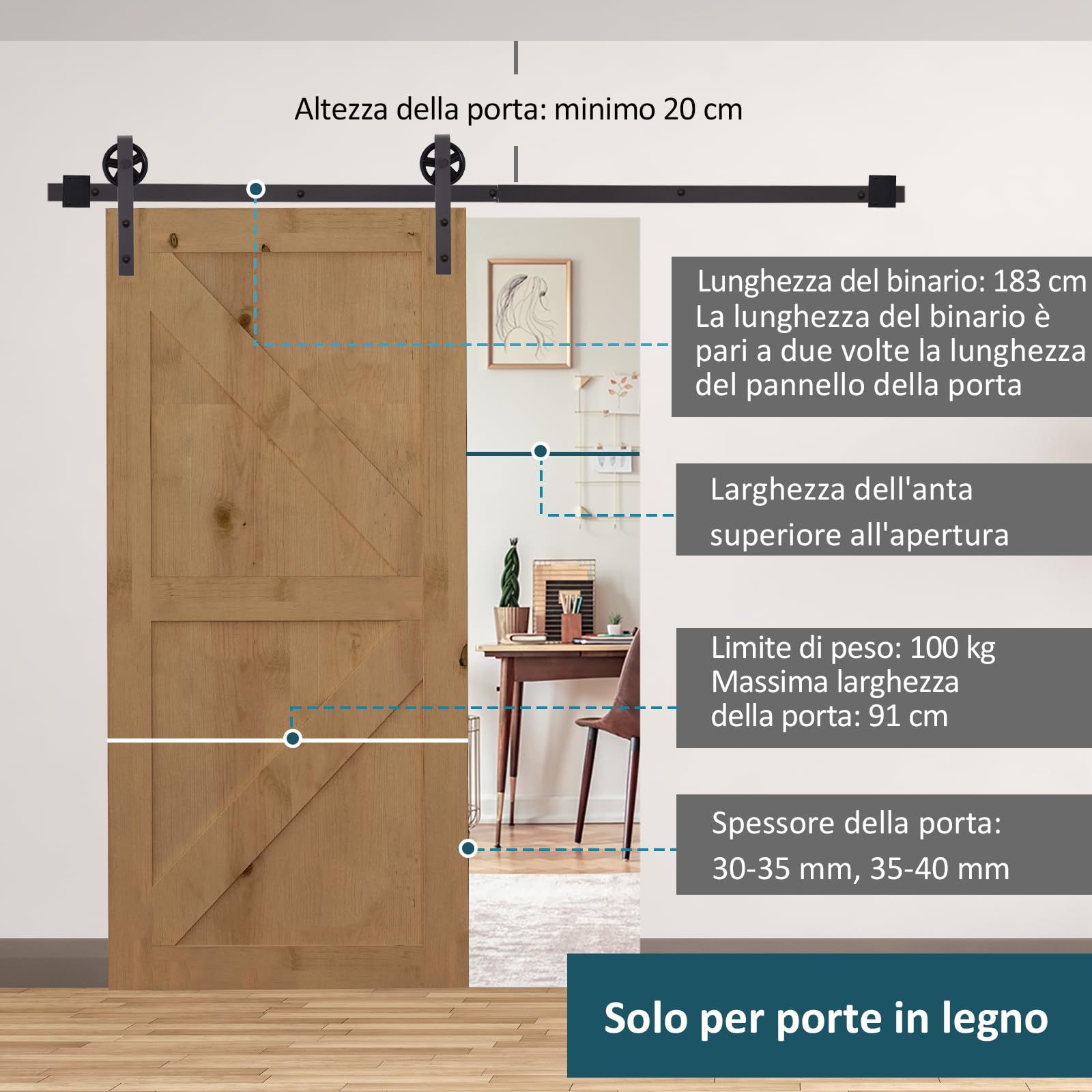 HOMCOM 183CM/6FT Kit Porta Scorrevole 100kg max in Acciaio al Carbonio, Kit per Porte Scorrevoli con Binario, 2 Ganci, 2 Fermaporta, 2 Ferma pavimento, 2 Set di viti e Bulloni