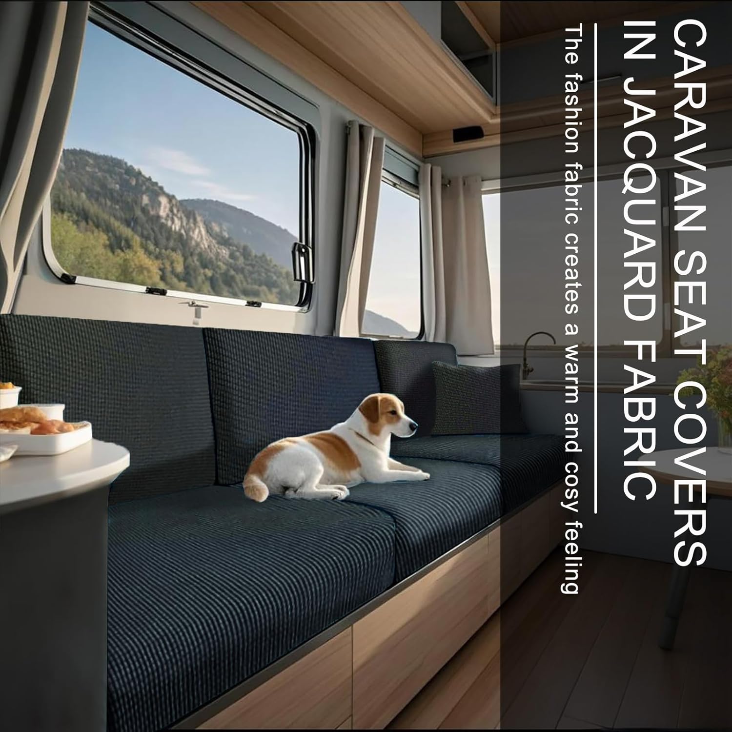 Caravan Seat Cover Stretch Jacquard, Non-Slip RV Dinette Cushion Covers with Tie-up Straps, Couch Cushion Covers for Camper Sofa Bench (Dark Gray,W 65-79 in, D 26-37 in)