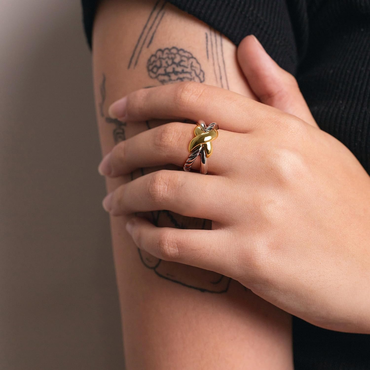 Cross Rings for Women, Chunky Silver Statement Rings Gold Rings Vintage 2 Tone 14K Gold Plated Ring Intertwined Wide Band Costume Jewelry image 2