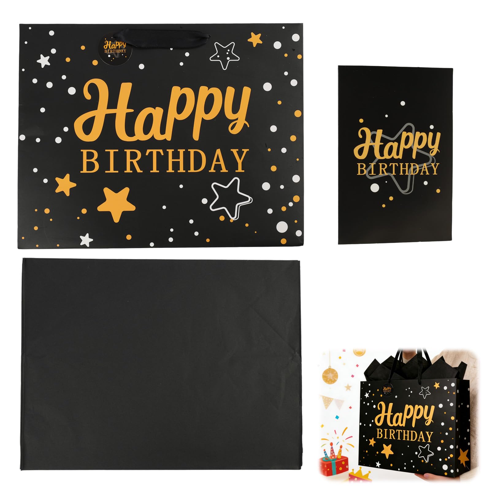 LUCTHY Large Birthday Gift Bag with Handles, 3 Tissue Papers, Card, Black-1 - Image 8