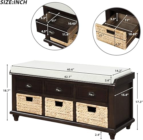 Miniatura 2 de Bellemave Banco de almacenamiento rústico, expreso, almacenamiento de entrada con 3 cajones y 3 cestas de ratán, cojín extraíble, estilo clásico de