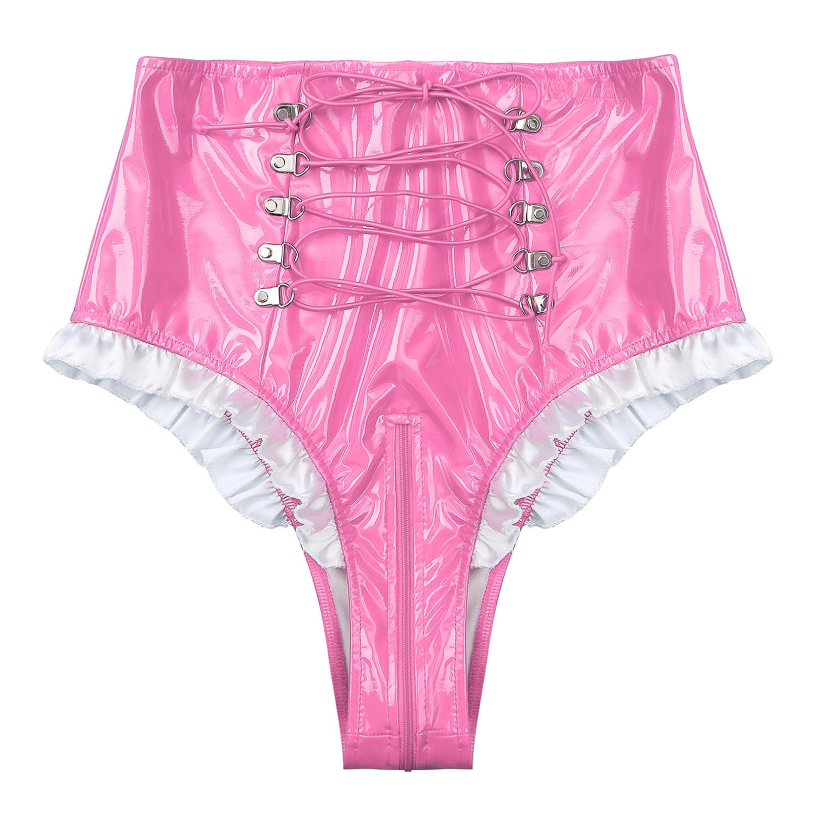 Slip sexy da donna in pelle laccata, effetto bagnato, con volant, perizoma a basso rise hipster pantys, lingerie corta