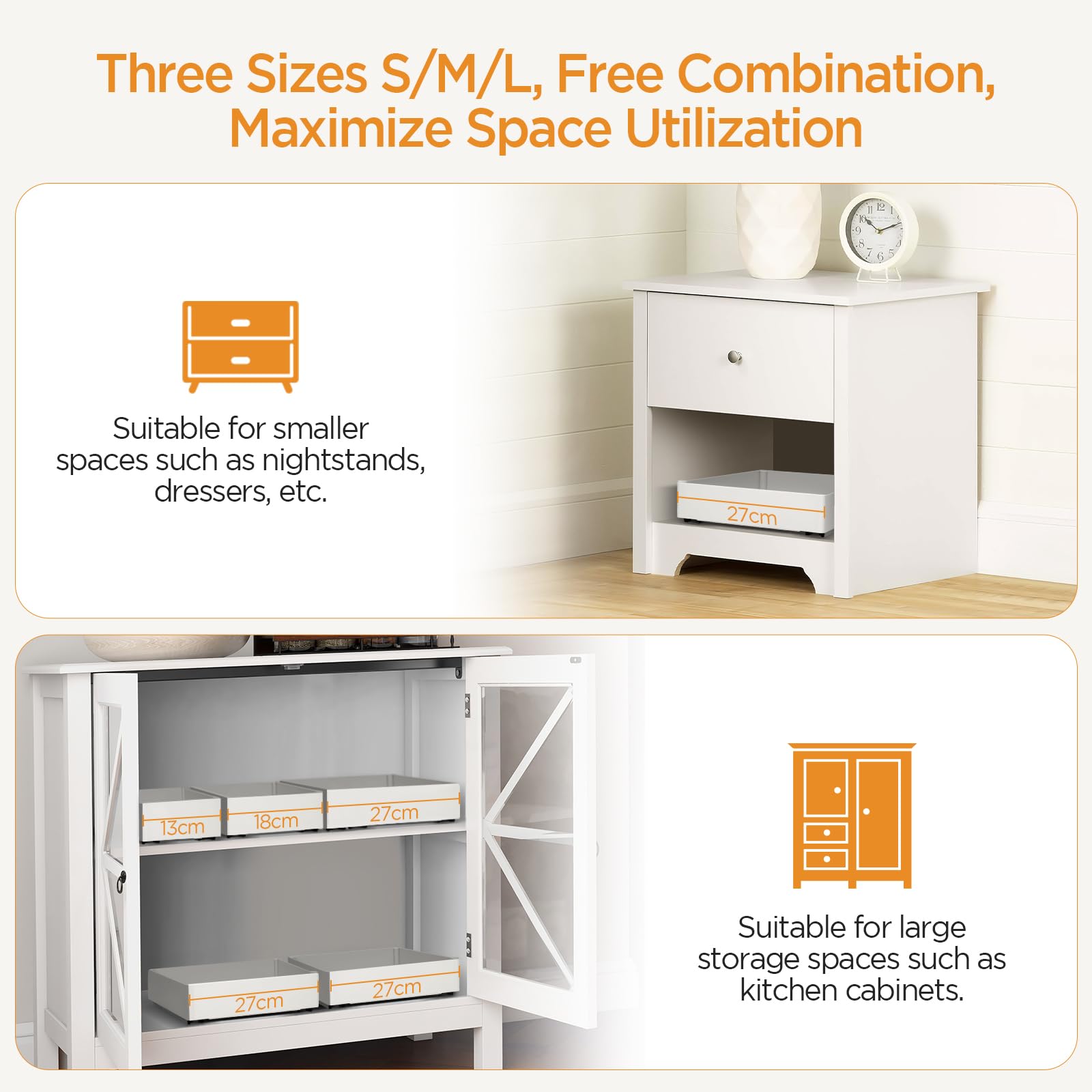 Cozary Cajones Extraíbles para Cocina con Guías Silenciosas – 3 Tamaños Modulares (13/18/27x40x7 cm), Instalación Sin Daños para Armario/Cocina/Dispensa