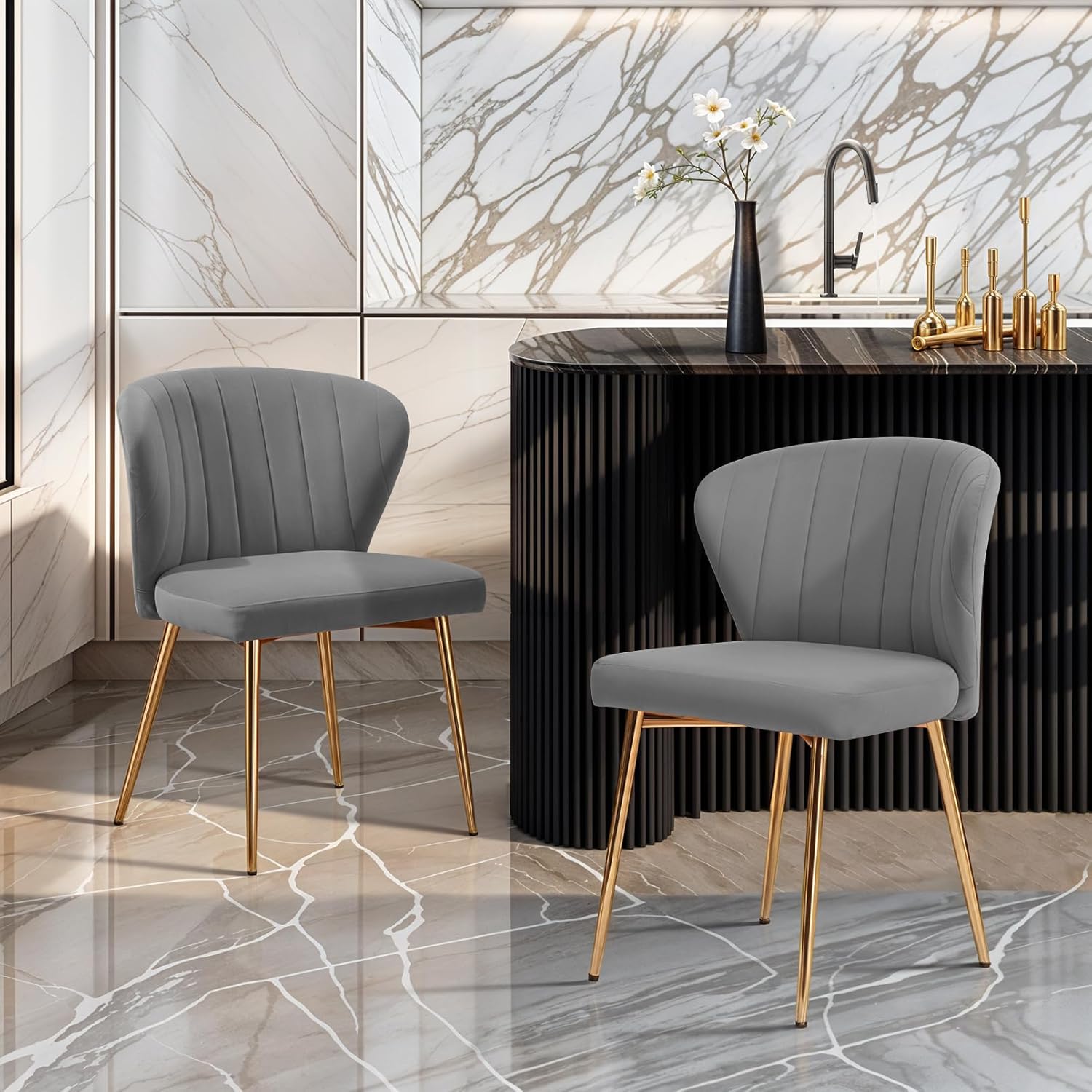 MOJAY Velvet Dining Chairs Set of 2, Modern Upholstered Dining Room Chairs with Gold Metal Legs, Accent Vanity Chairs for Kitchen, Living Room, Patio (Grey)