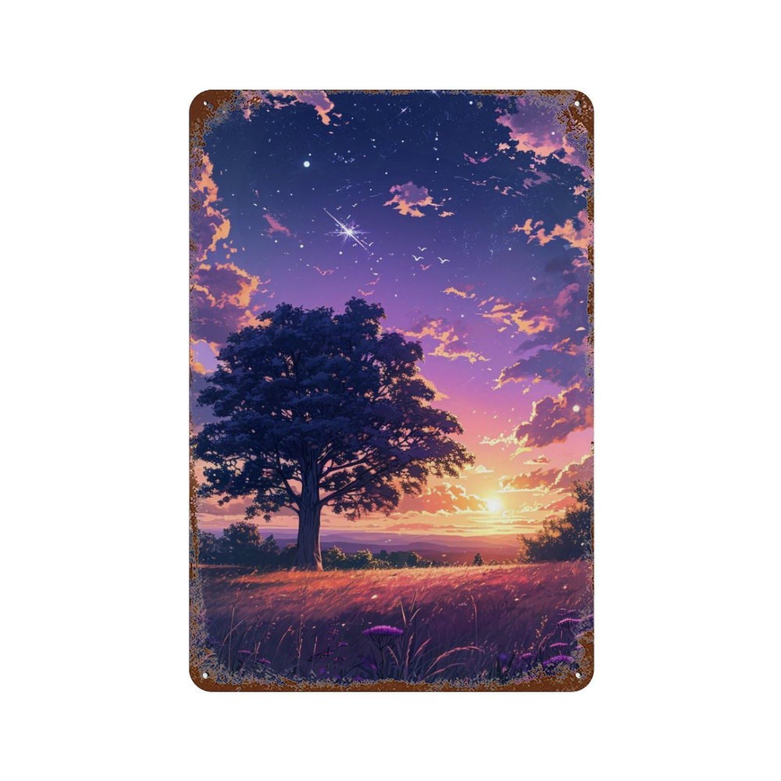Rust Effect Magical Sunset Landscape Rusty Metal Tin Sign 11.8"x7.9", Farmhouse Wall Decor for Cafe, Home Bar And Lounge Decor