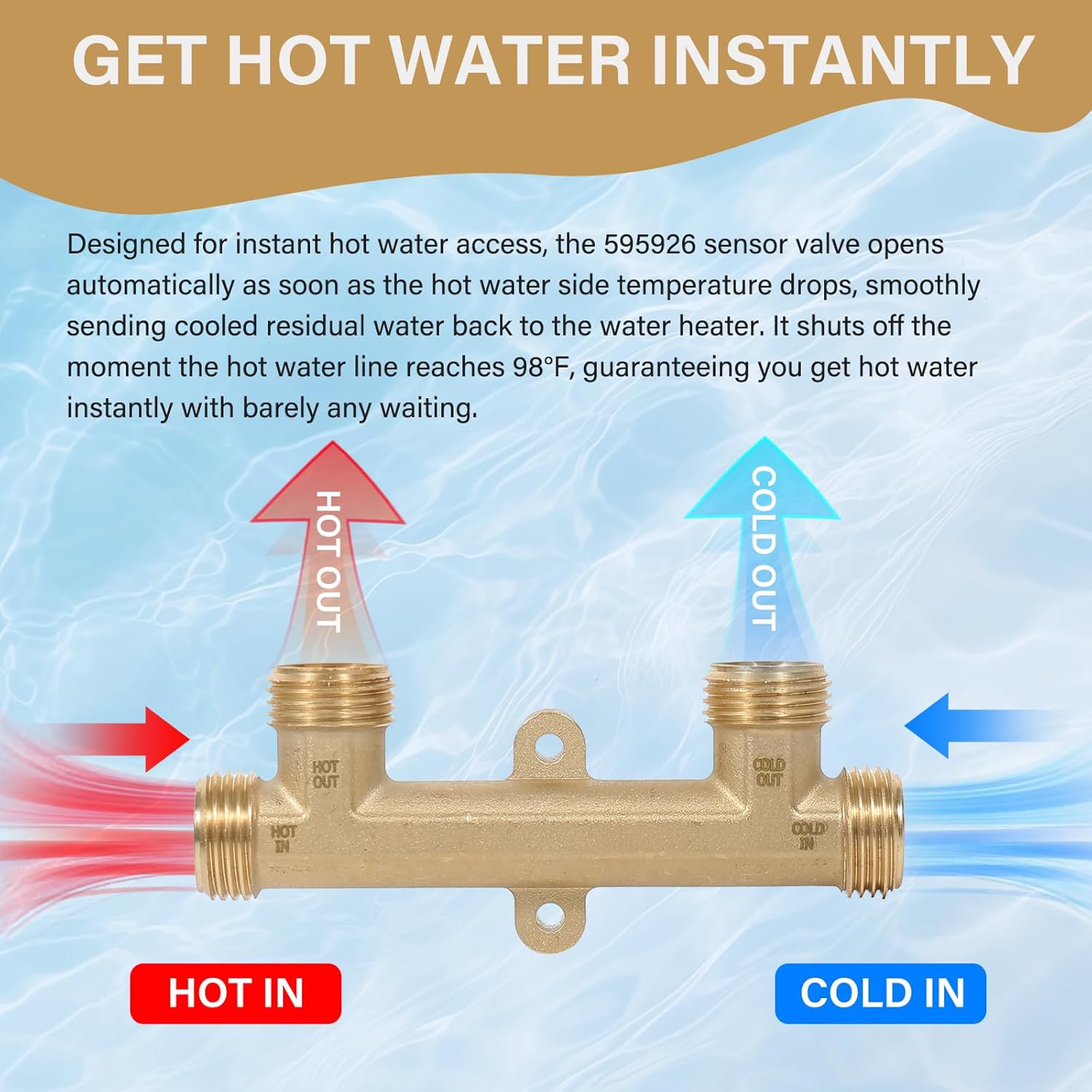 595926 Solid Brass Sensor Valve, Fits Watts premier 500800/500805 & Grundfos UP Comfort Instant Hot Water Recirculating Pump System 367010 Thermal Bypass Bridge Valve