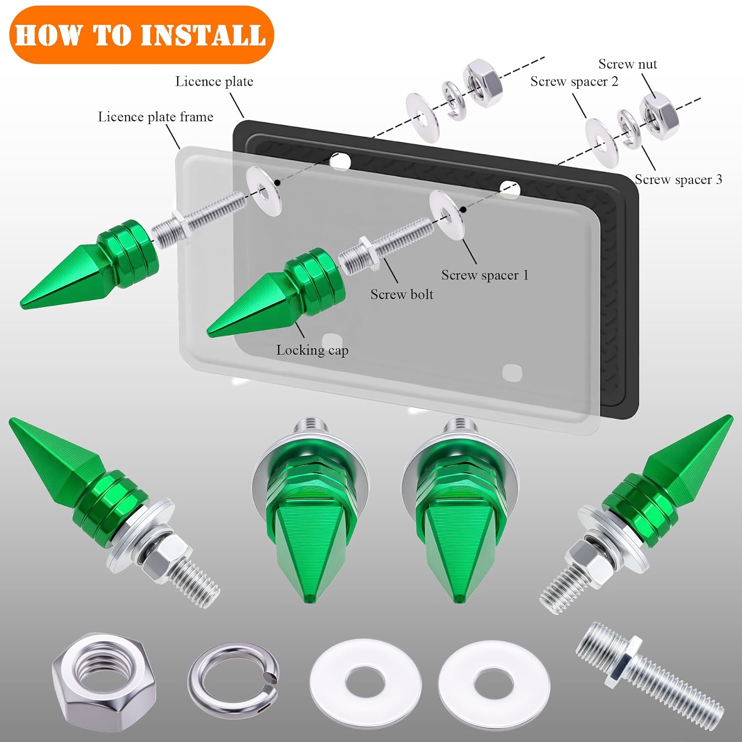 4PCS Spike License Plate Screws - Anti-Theft Fasteners Kit, Universal Fit for Cars, Trucks, Motorcycles - Stainless Steel & Aluminum Alloy (Green) image 3