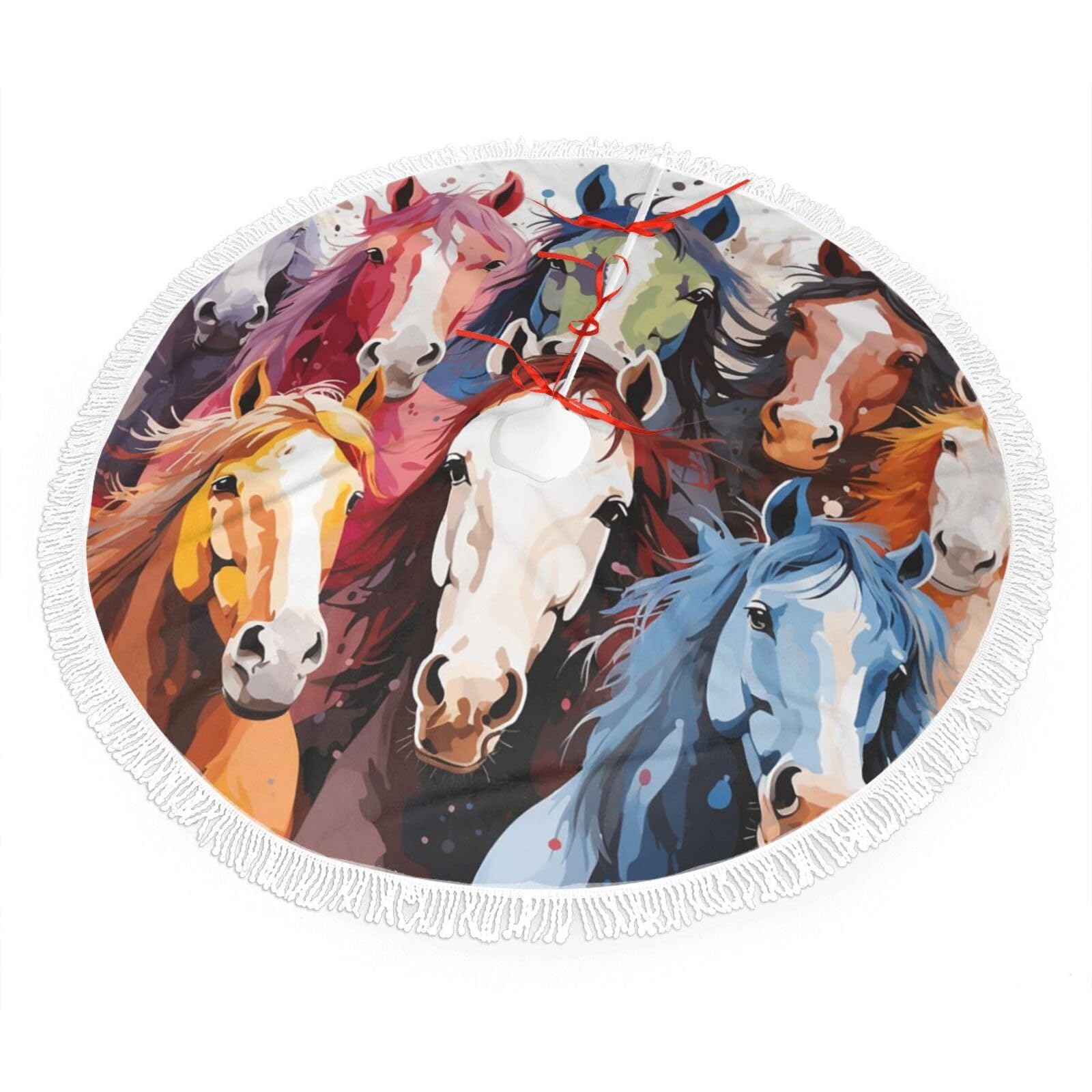 Colourful Cartoon Horses Christmas Tree Skirt 48", Soft Plush Xmas Tree Carpet with Tassel Christmas Ornaments Winter Holiday Tree Mat Decoration for Home Party Supplies