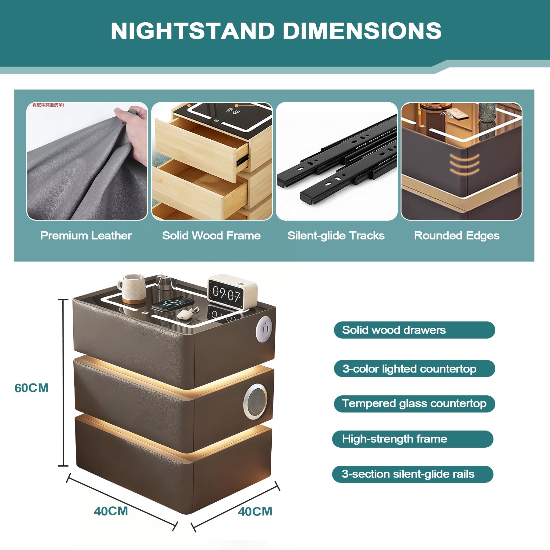 Juego 2 Mesitas Noche Modernas Pack con LED 3 Colores, Estación de Carga 4-en-1, Bluetooth+Sensor, Madera Maciza+Vidrio, 45x40x59cm, Gris Oscuro, per camera da letto