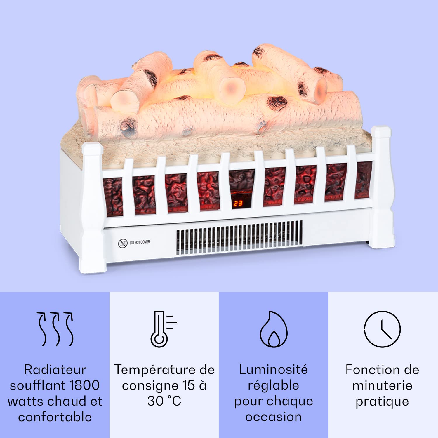 Klarstein Cheminée Electrique d'Intérieur, Chauffage Electrique de 1800W, Fausse Cheminée Decorative avec Effet Flamme en LED, Télécommande Inclus, Programmable, Minuterie, Thermostat Réglable