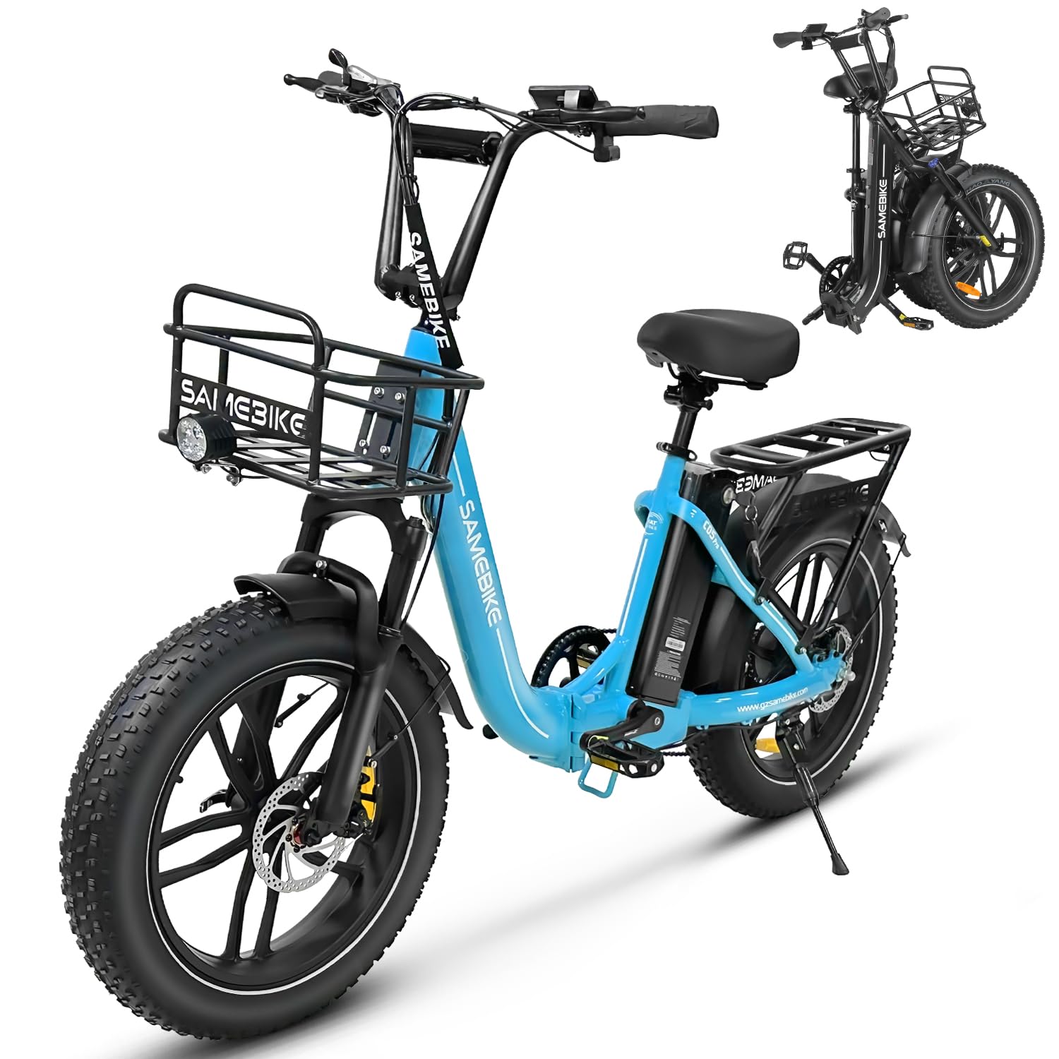 SAMEBIKE Electric Bike, Folding Adult Electric Mountain Bike, 36V 13AH Removable Battery, 7 Speed Gears, 20" *4.0" Fat Tire, Suspension Fork,with Rugged Front Basket and Rear Bracket, Quick Delivery