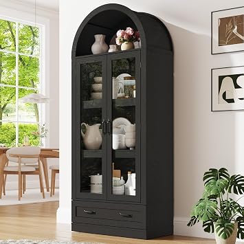 75" Tall Arched Kitchen Pantry Cabinet w Load-Bearing Steel Pipe,Modern Farmhouse Kitchens Storage Cabinet with Drawer and Glass Doors,Tall Arched Bookcase,Pantry OrganizerWoodgrain Black