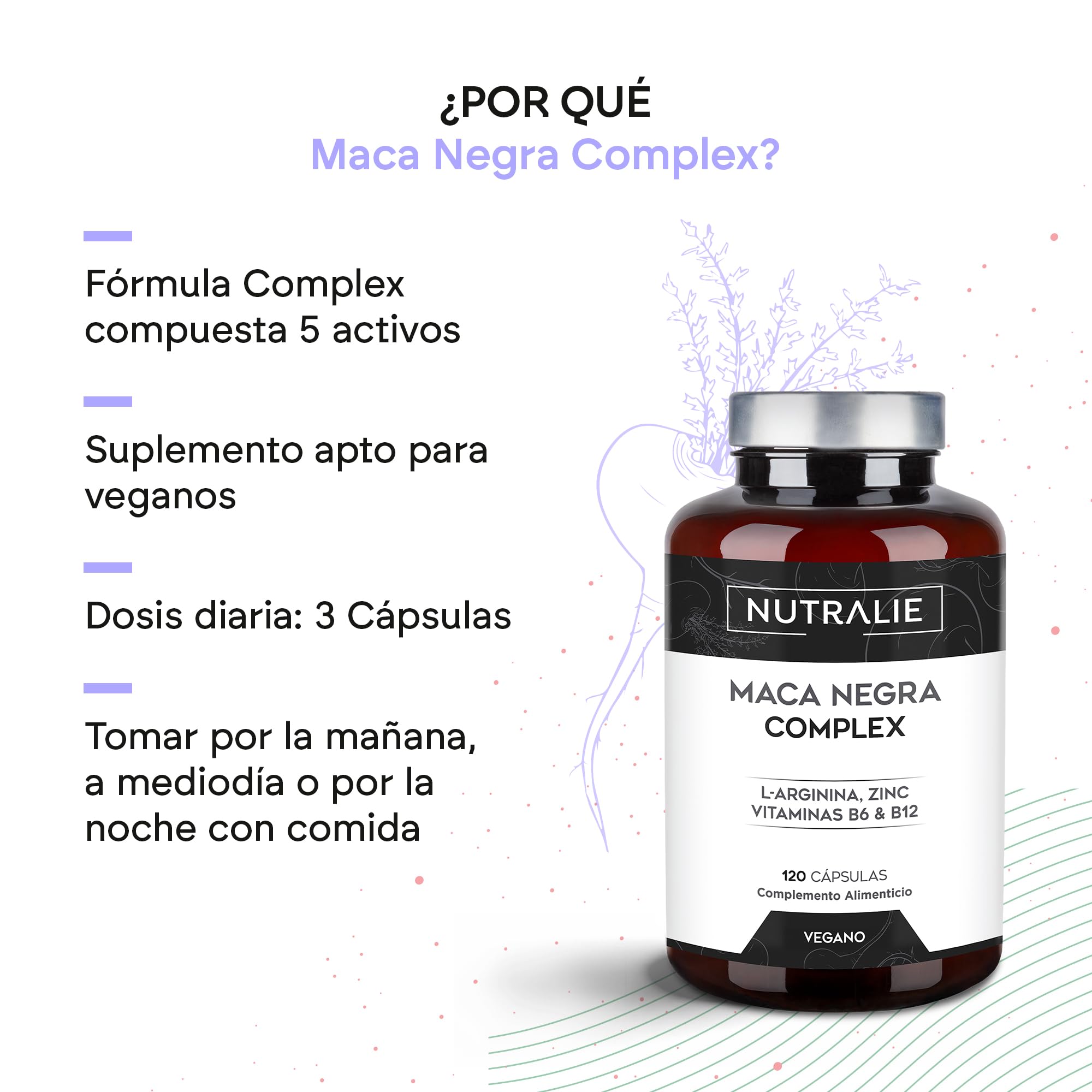 Maca Negra Andina 32.000mg - Potencia 20:1 + Energia con L-Arginina + Zinc + B6 + B12 - Maca Peruana para Hombre y Mujer - 120 Cápsulas Black Maca Complex Nutralie