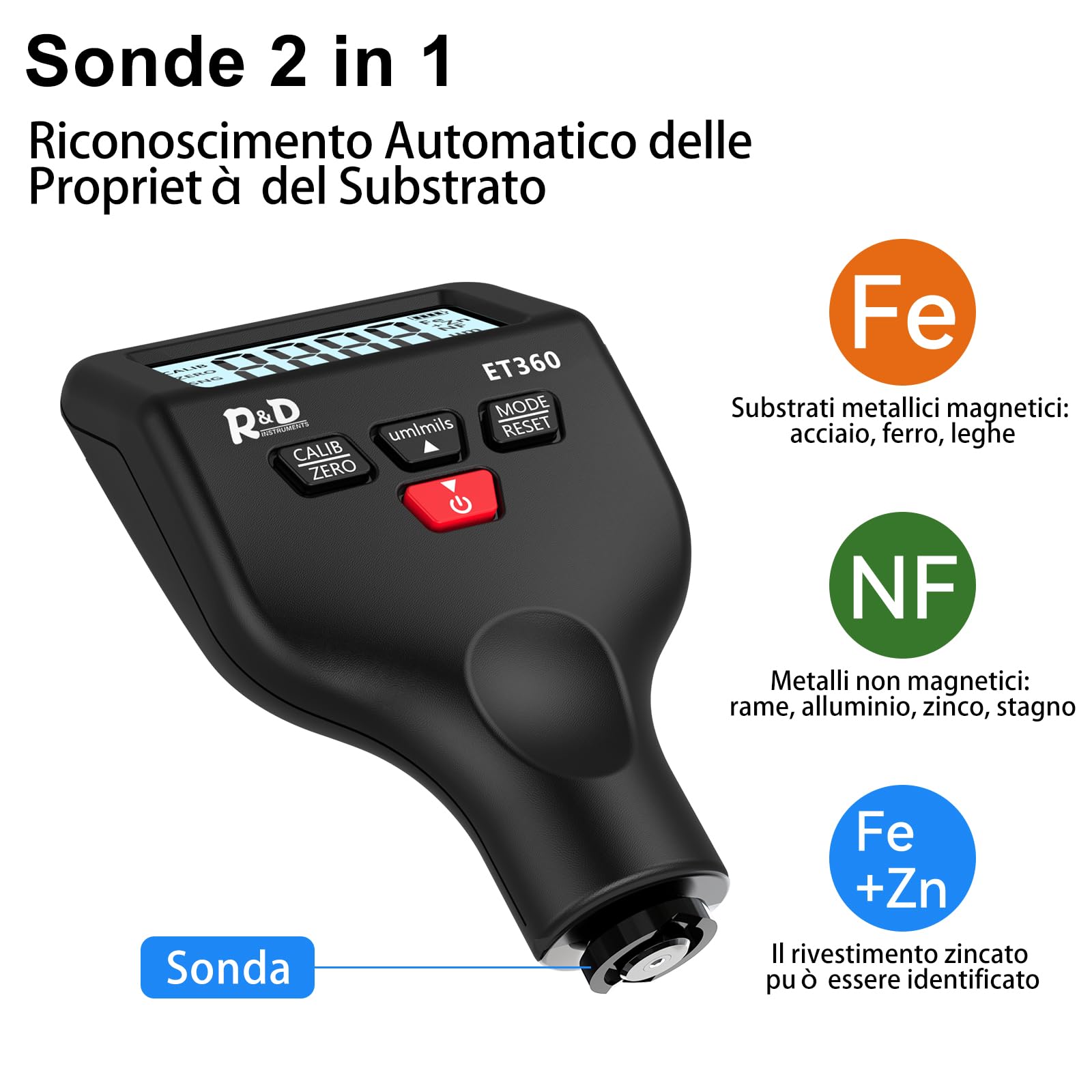 RDINSCOS Spessimetro Vernice 0-1500um Spessimetro di Rivestimento con LCD Retroilluminato Misuratore di Spessore Digitale per Auto Usate/Industria Metallica, Fe/NFe/Zn Riconoscimento Automatico