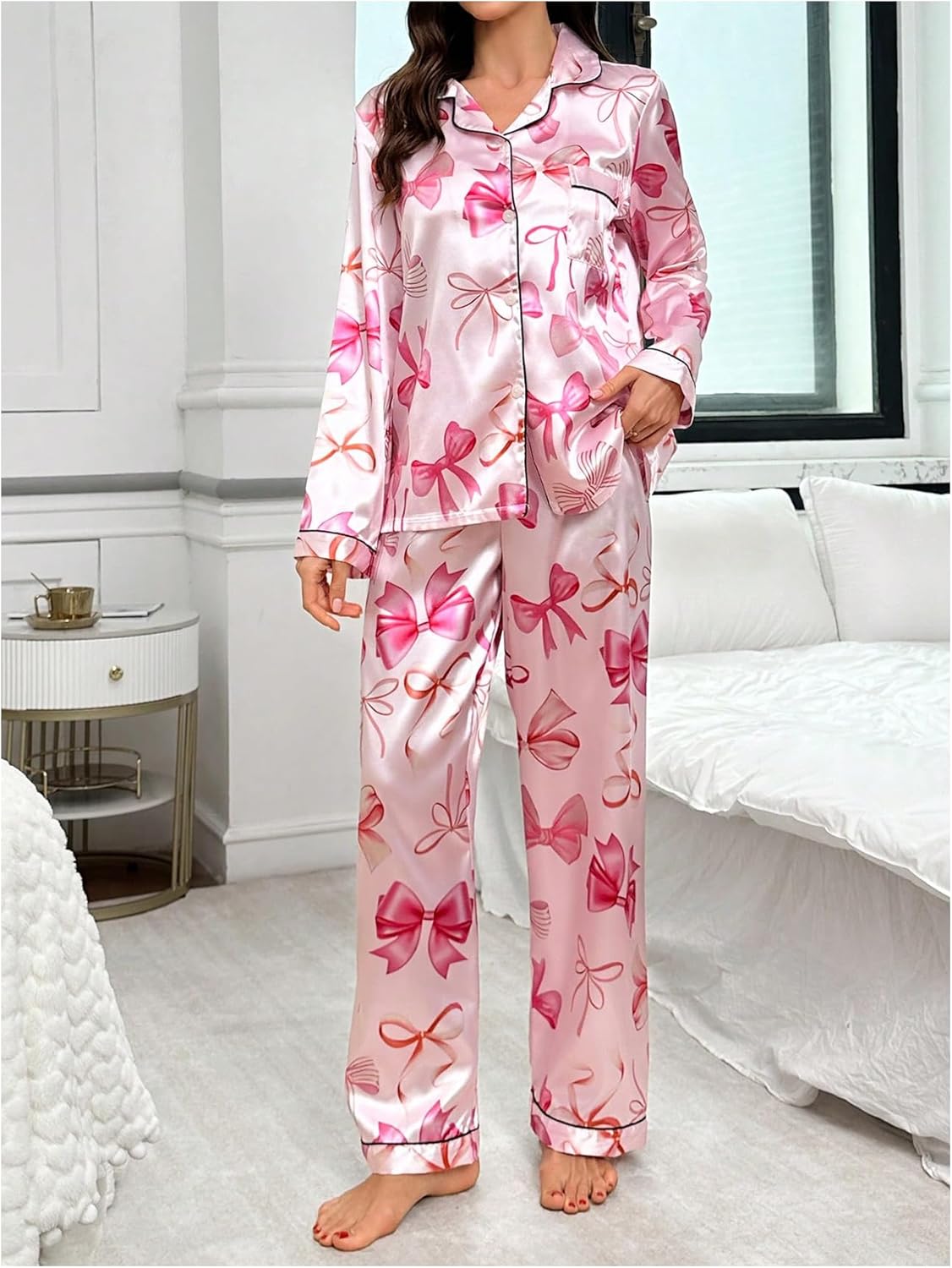 Verdusa Women's Silk Pajamas 2 Piece Satin Cute Bow Long Sleeve Button Down Shirt and Pants Lounge Set - Image 6