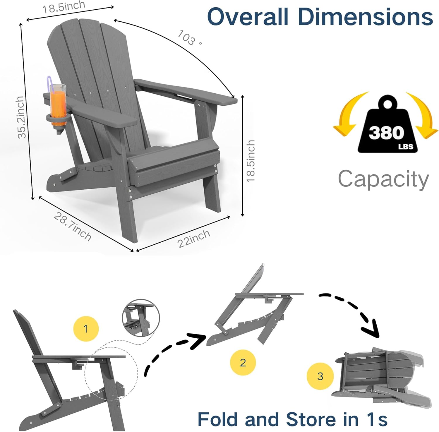 Foldable Adirondack Chair with Cup Holder-Heavy Duty Recycled HDPE Outdoor Patio Furniture, Weather Resistant Deck Lawn Fire Pit Chair (Gray, 1 Chair)