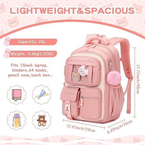Miniatura 5 de Mochila infantil para niñas, bolsas escolares para estudiantes de secundaria, bolsa de libros para escuela primaria, Rosa y beige., Tamaño único