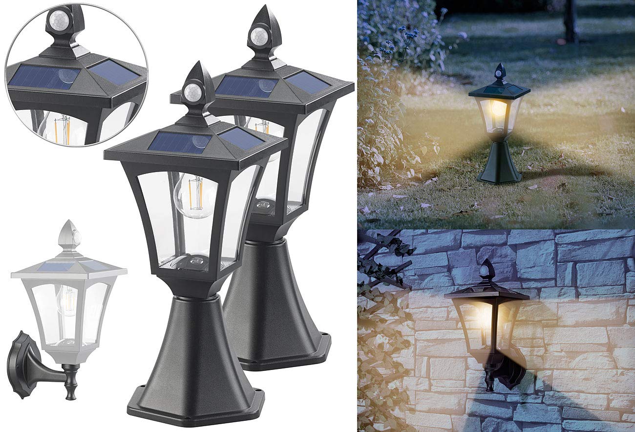 Royal Gardineer Stand Solarleuchten: 2er-Set Solar-LED-Stand- & Wandlaternen, PIR-Sensor, 300 lm (Außenleuchte Standleuchte, SolarLED-Leuchte für Gatensäule)
