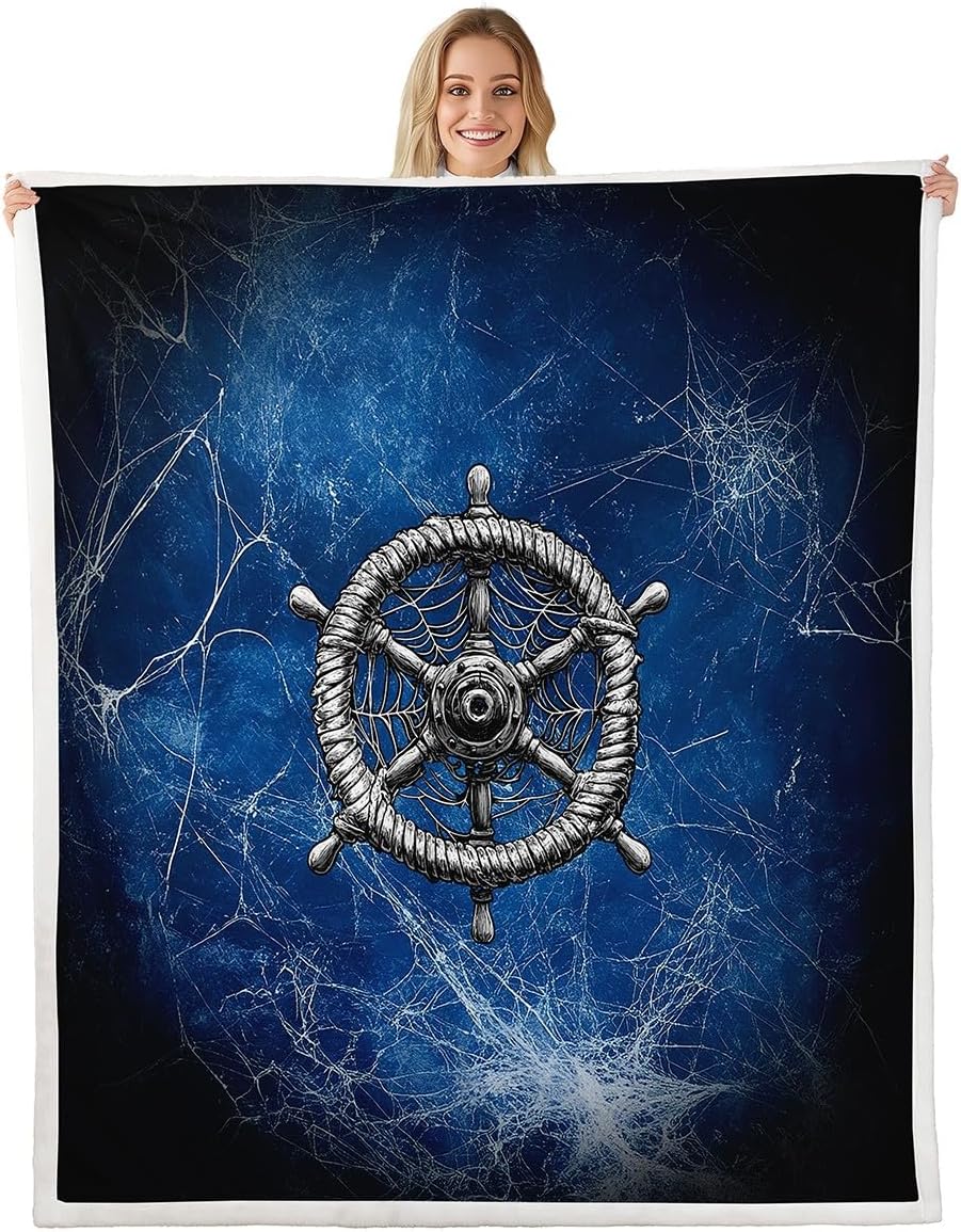 Pirate Ship Fleece Blanket,Nautical Ocean Adventure Theme Sea Waves Trippy Bed Blanket for Kids Teens,Navigation Sailboat Red Flame Smog Print Flannel Blanket for Room Decor,Queen 90"x90"