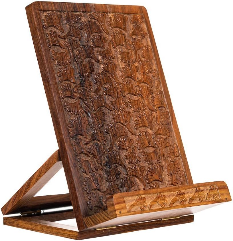 Ornate Adjustable Hand carved Sheesham Wood Cookbook Stand/Recipe/Book/iPad/Tablet Stand Holder with Gingko Leaf Motif 7.5 in x10.5 in