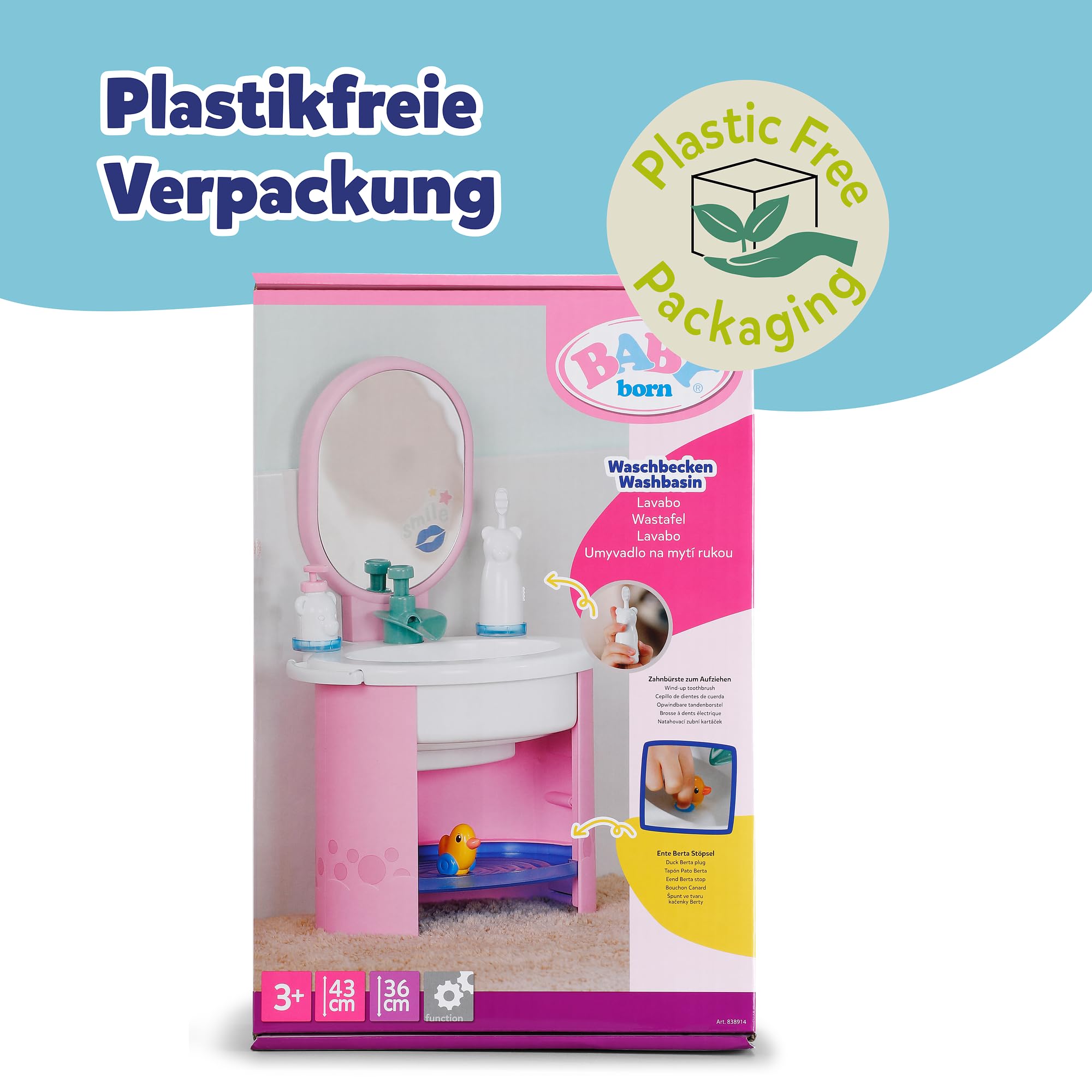BABY Born Handwaschbecken, Puppenwaschtisch für 36cm und 43cm Puppen inkl. Zahnbürste und Seifenspender, funktioniert mit Wasser, Keine Batterien benötigt