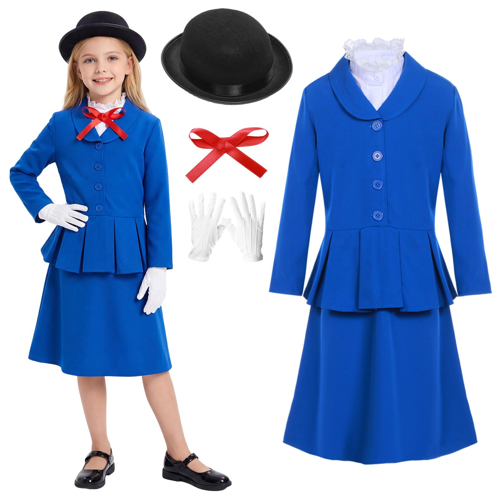 Meriviva Victorian Nanny Costume, Girls World Book Day Costumes Set including Blue Dress Black Bowler Hat Gloves