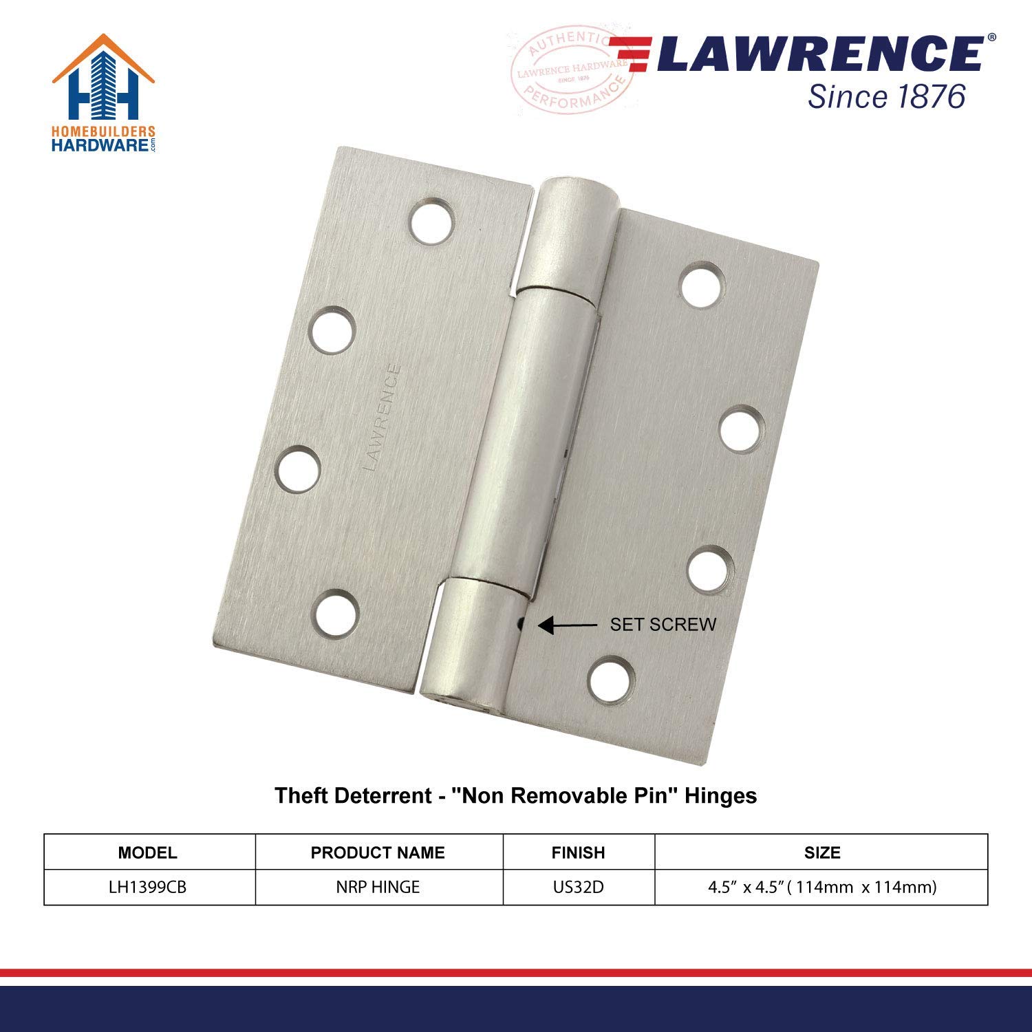 Door Hinge Commercial Stainless Steel Heavy Weight Concealed Bearing Non Removeable Pin Security Butt Hinge 4.5 x 4.5 LH1399CB-32D-NRP ANSI/BHMA Certified Fire Rated Hinges 3 Pack