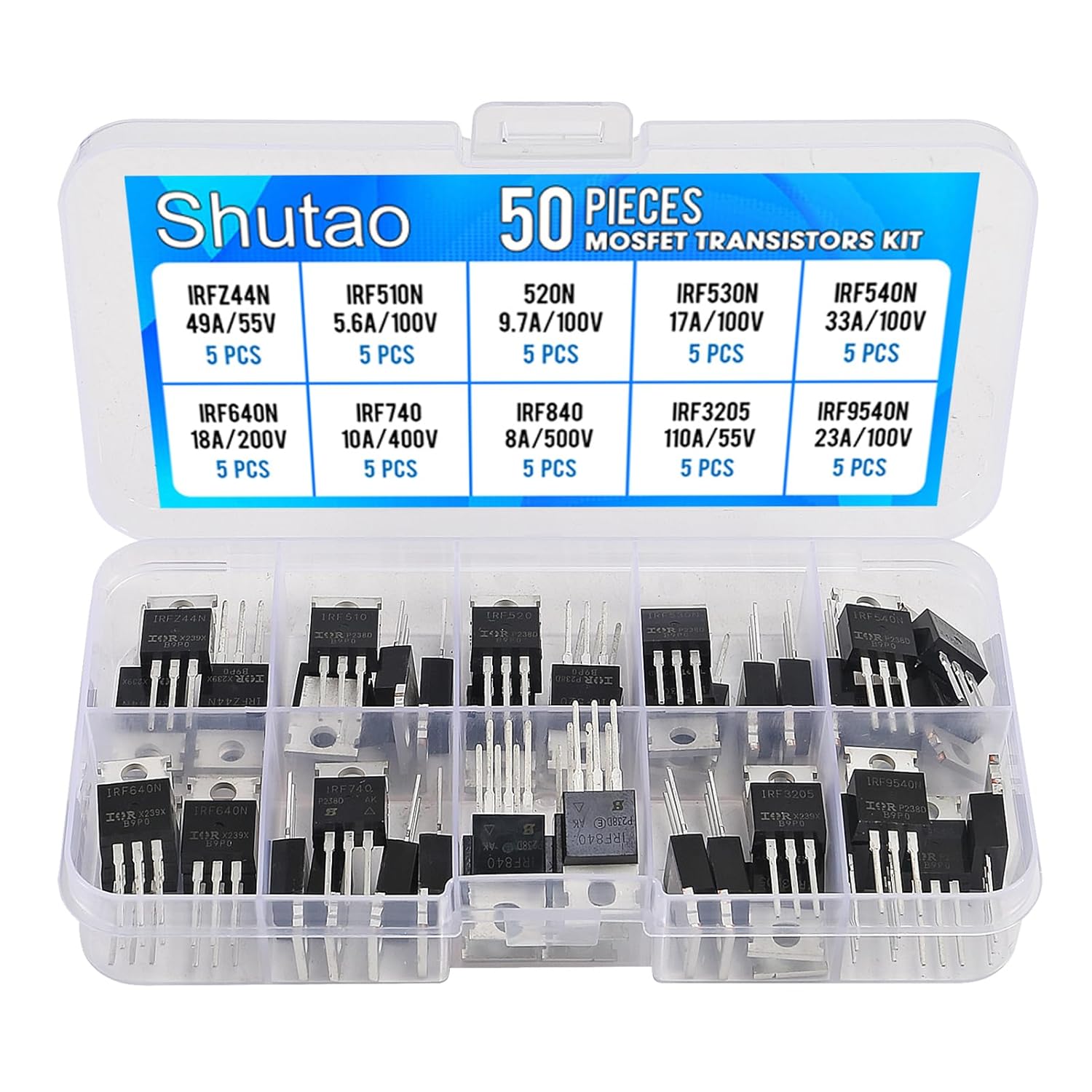 50 Pcs IRFZ44N IRF510N IRF520 IRF530N IRF540N IRF640N IRF740 IRF840 IRF3205 IRF9540 IRF Series 10 Values N-Channel Power MOSFET Transistors Assortment Kit