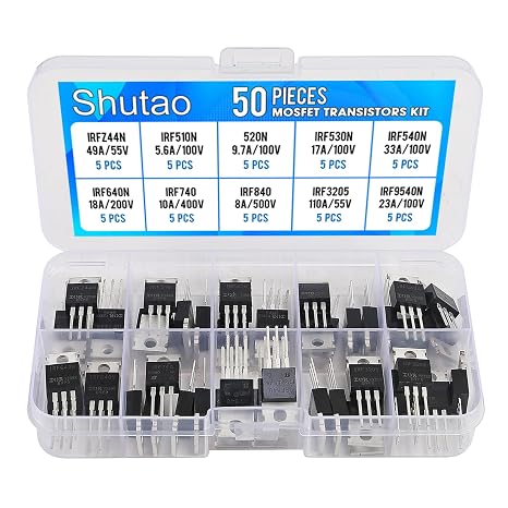 50 Pcs IRFZ44N IRF510N IRF520 IRF530N IRF540N IRF640N IRF740 IRF840 IRF3205 IRF9540 IRF Series 10 Values N-Channel Power MOSFET Transistors Assortment Kit