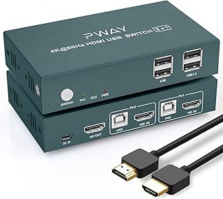 KVM Switch HDMI 2 Port, Ultra HD 4K@60Hz KVM HDMI with 2 USB 2.0 Port, Support Hotkey Switch, HDMI KVM Switch for 2 Computers Share Keyboard Mouse and 1 Monitor, with 2 HDMI and 2 USB Cables