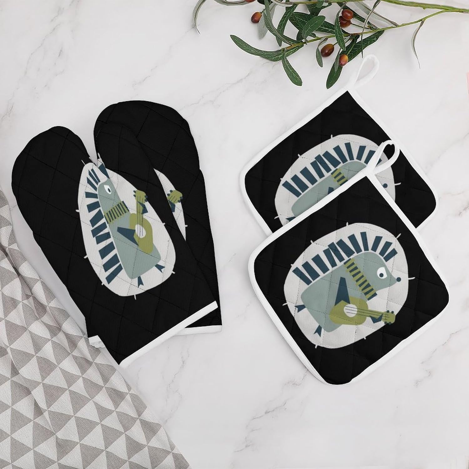Cute Hedgehog Playing Guitar Oven Mitts and Pot Holders 4Pcs Set Heat Resistant Cooking Mitts Hot Pads