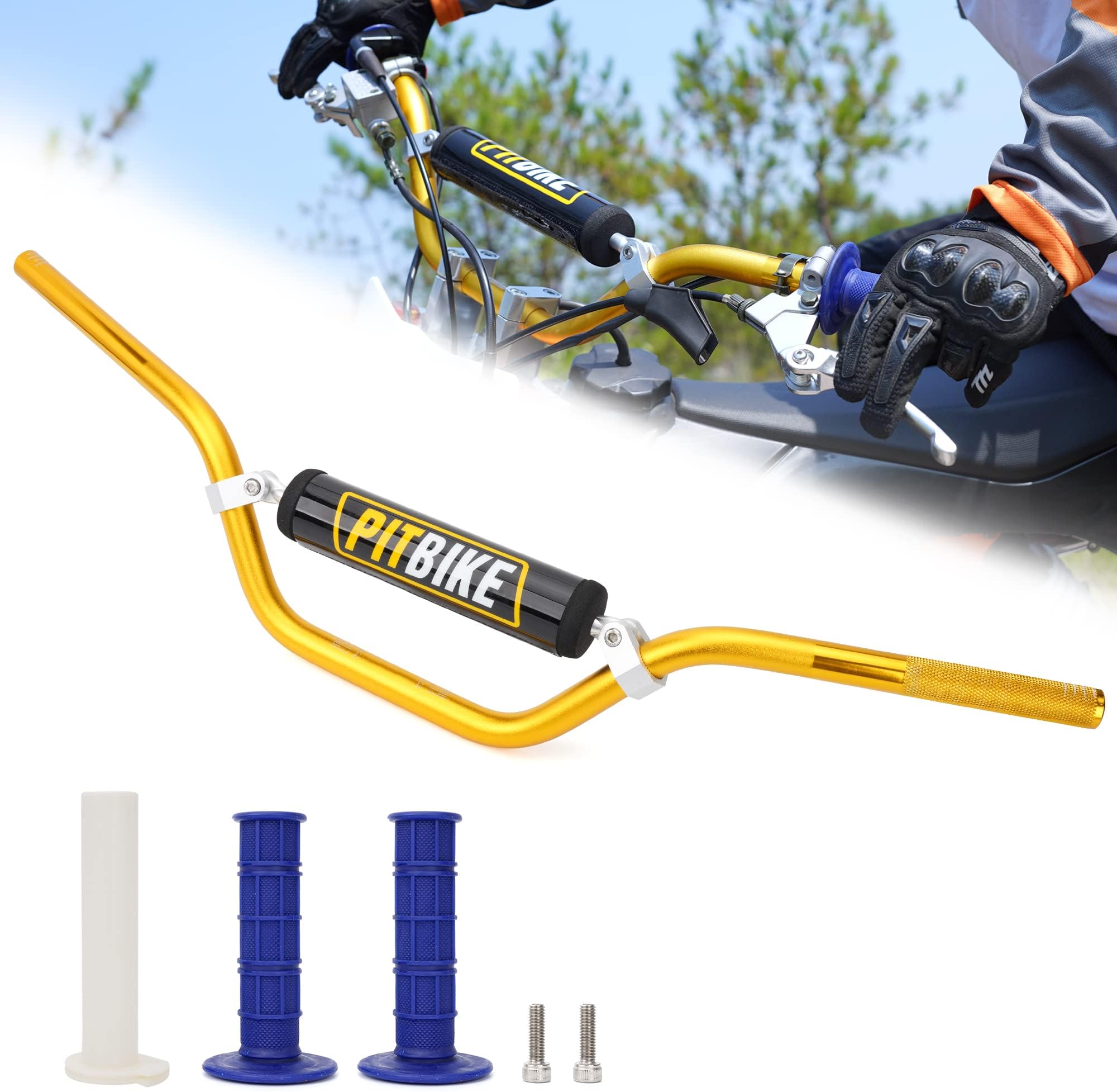 Wingsmoto Motorcycle 7/8" 22MM Handlebar Gold Handle Bar + Foam Pad + Blue Grips Compatible with CRF YZF KXF KLX RMZ DRZ Pit Dirt Bike Motocross