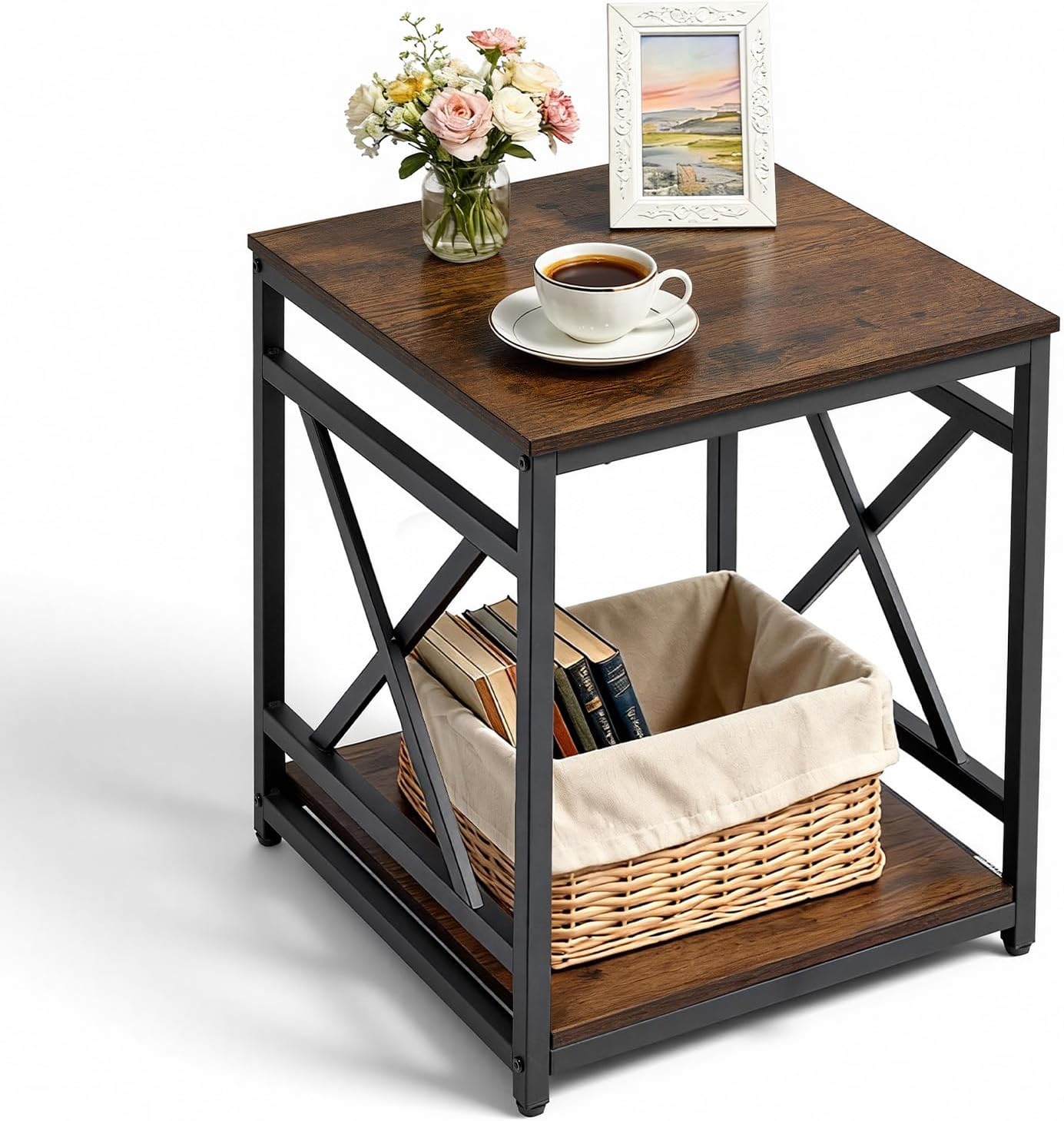 VEVOR End Table 18" Square, 2-Tier Side Table with Open Storage Shelves, Industrial Nightstand Bedside Table with Metal Frame & Wood Top, Small Sofa Table for Living Room, Bedroom, Office, Dorm