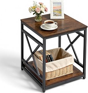 VEVOR End Table 18" Square, 2-Tier Side Table with Open Storage Shelves, Industrial Nightstand Bedside Table with Metal Frame & Wood Top, Small Sofa Table for Living Room, Bedroom, Office, Dorm