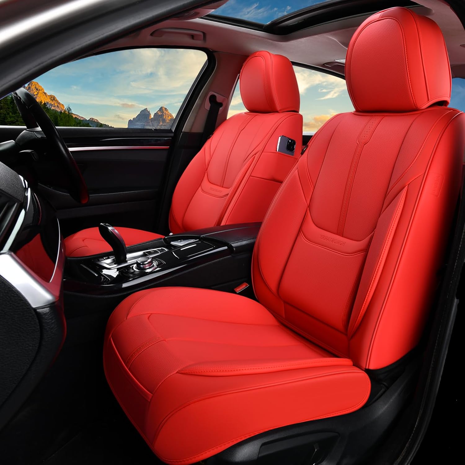 Car Seat Covers, Nappa Leather Car Seat Covers, Waterproof Automotive Seat Covers with Airbag Compatible, Universal Car Seat Protector Fit for Most SUV Sedans Trucks (Red, Front) Front Red