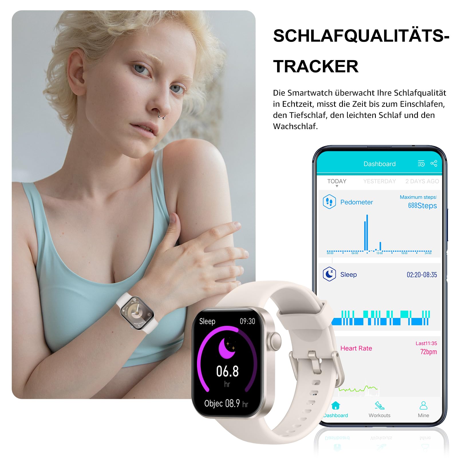 Smartwatch Damen Herren, 1,85" HD-Display Smart Watch mit Telefonfunktion, 140+ Sportmodi Fitness Tracker mit Herzfrequenz SpO2 Schlafmonitor Schrittzähler, IP68 Wasserdicht Fitnessuhr iOS Starlight