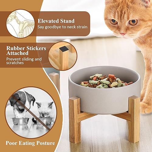 Miniatura 3 de Cuenco elevado de cerámica para gatos, cuenco de comida para gatos con soporte de bambú, plato elevado para perros para cachorros, antivómitos, sin