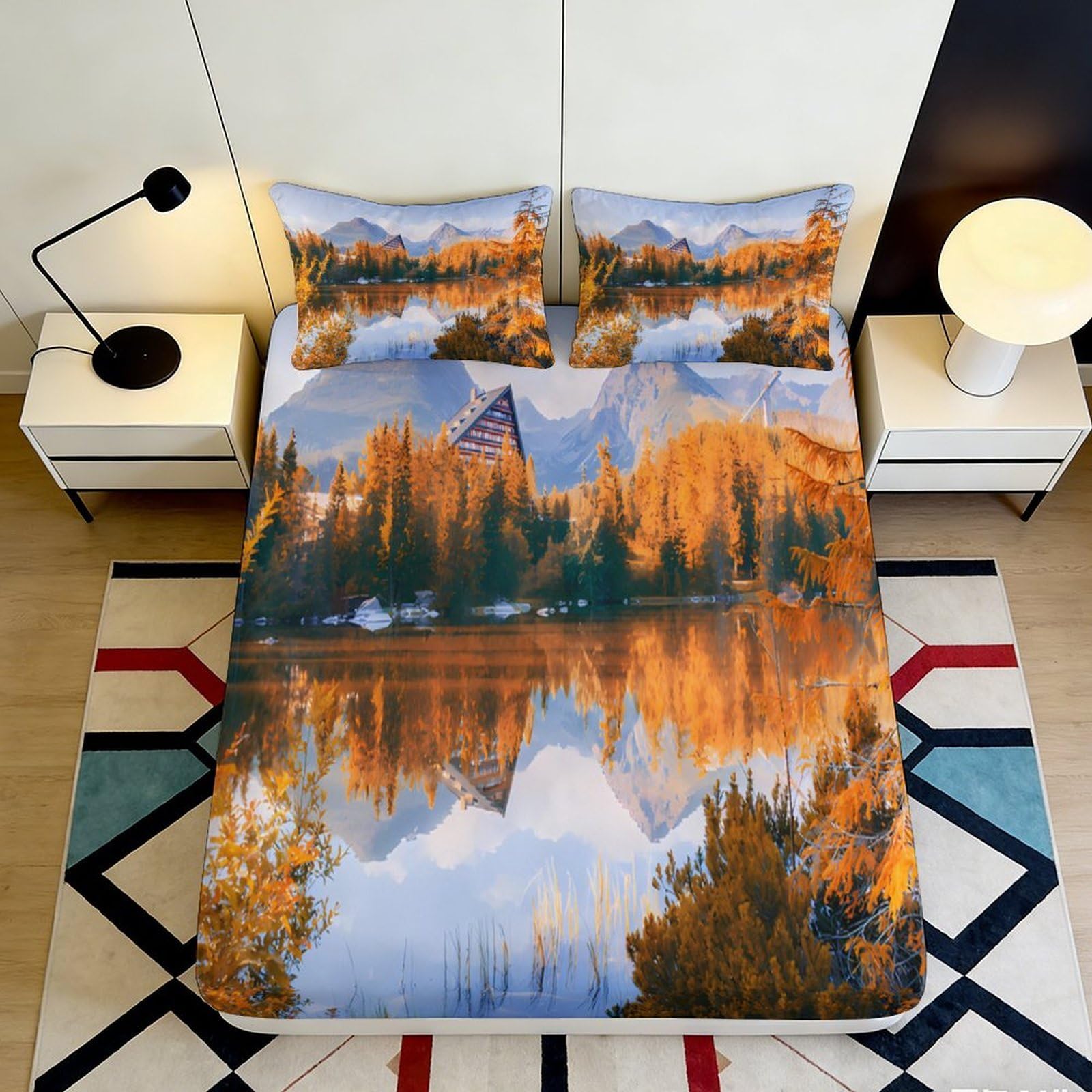 3D Printed Lake Scenery Fitted Sheet Microfiber Deep Pocket Non-Slip Lake View Mattress Fitted Cover Washable for Bedroom Bedding 180x200x25cm
