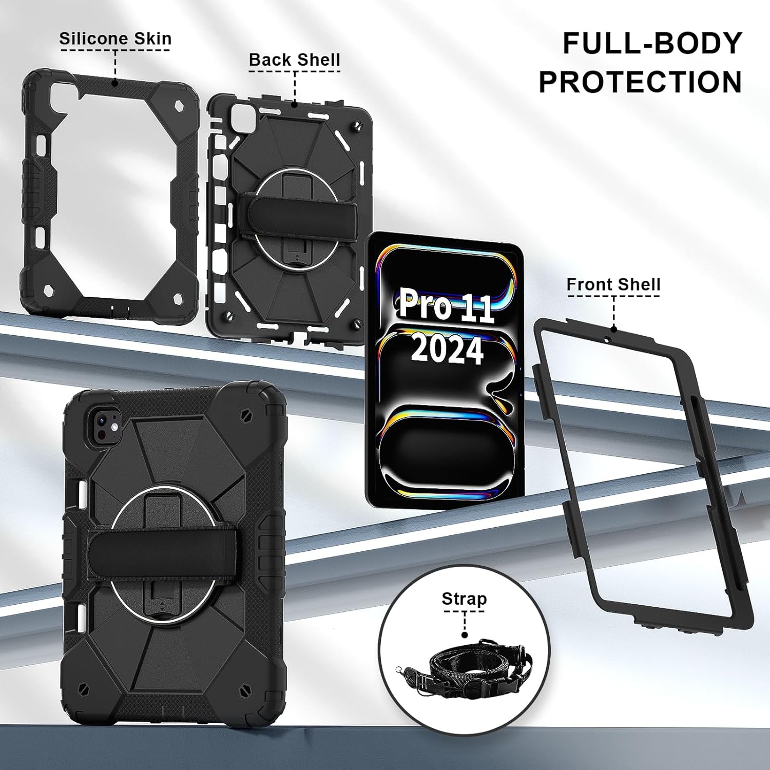 Heavy Duty Shockproof Kids Case for iPad Pro 11 Inch 2024 M4 (5th Generation),3 Layer Protective Case W 360 ° Rotating Handle Stand + Shoulder Strap,Black